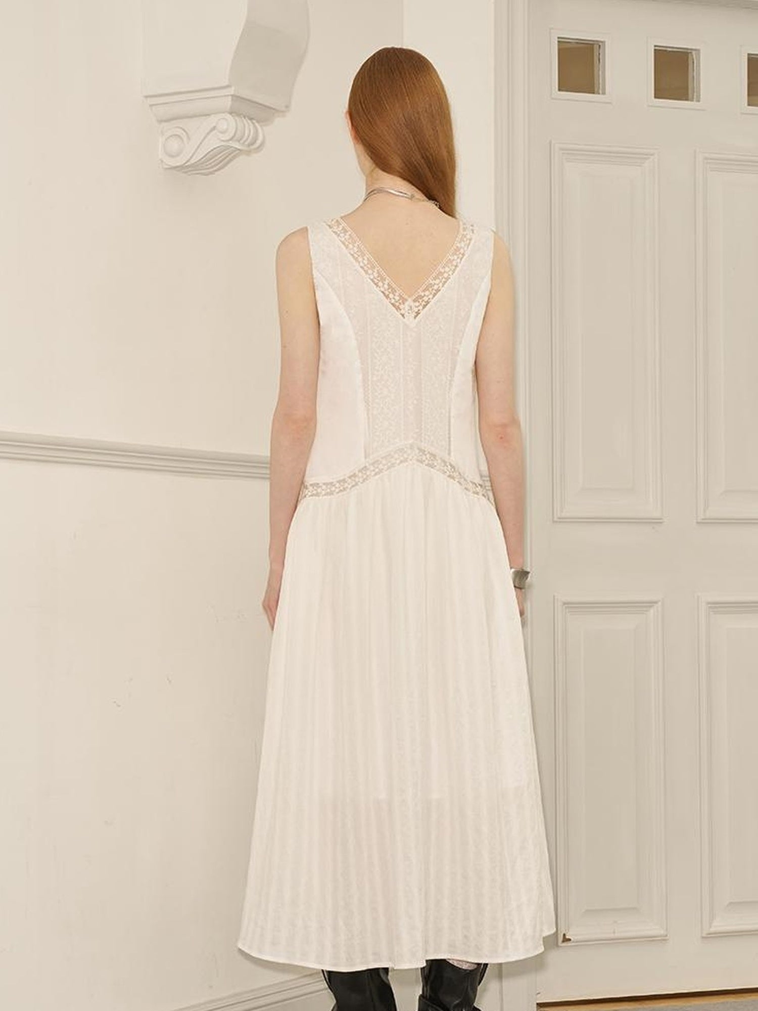 DIDDI MODA Elegant Lace Stripe V Neck Sleeveless Maxi Dress