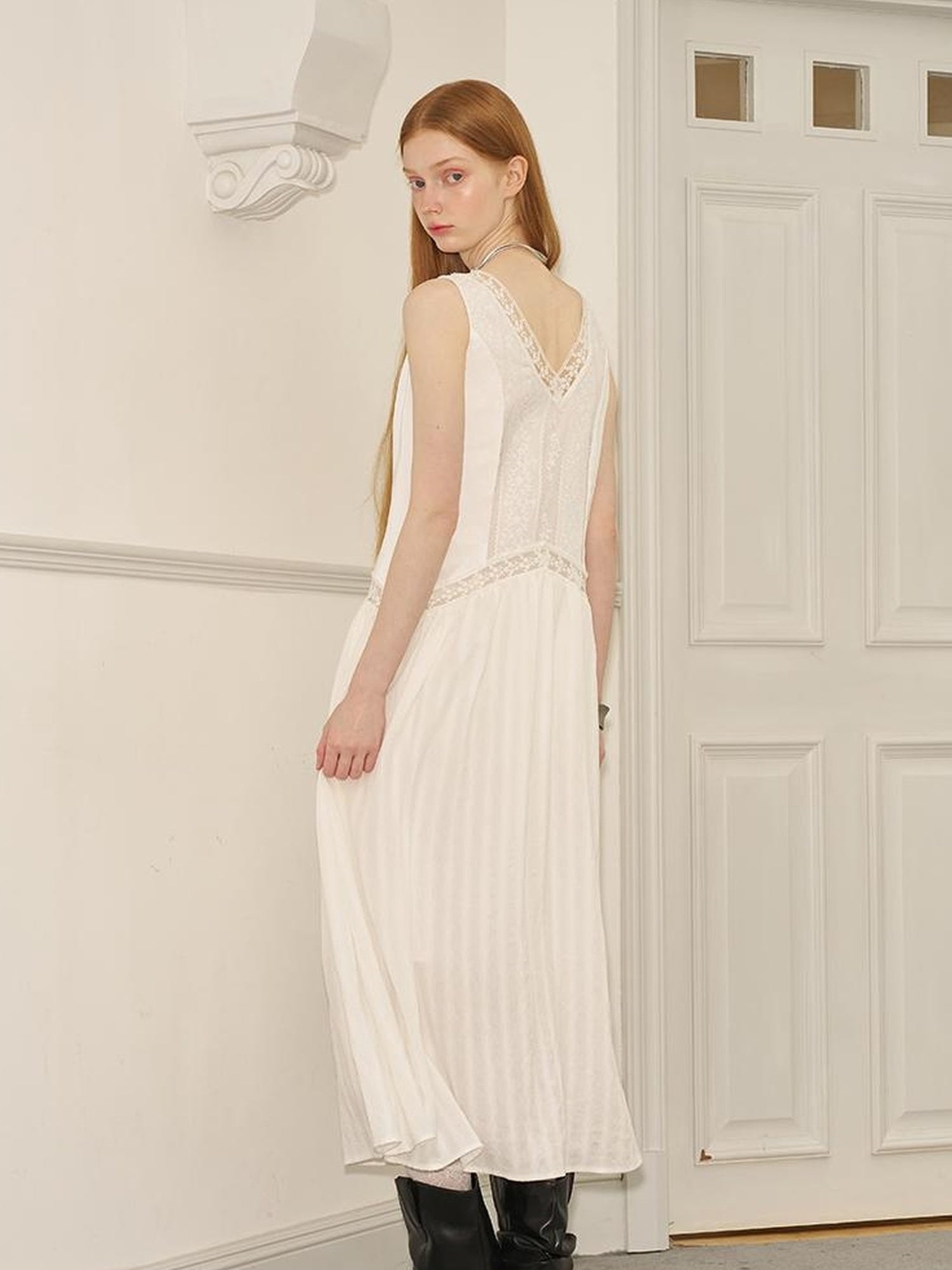 DIDDI MODA Elegant Lace Stripe V Neck Sleeveless Maxi Dress