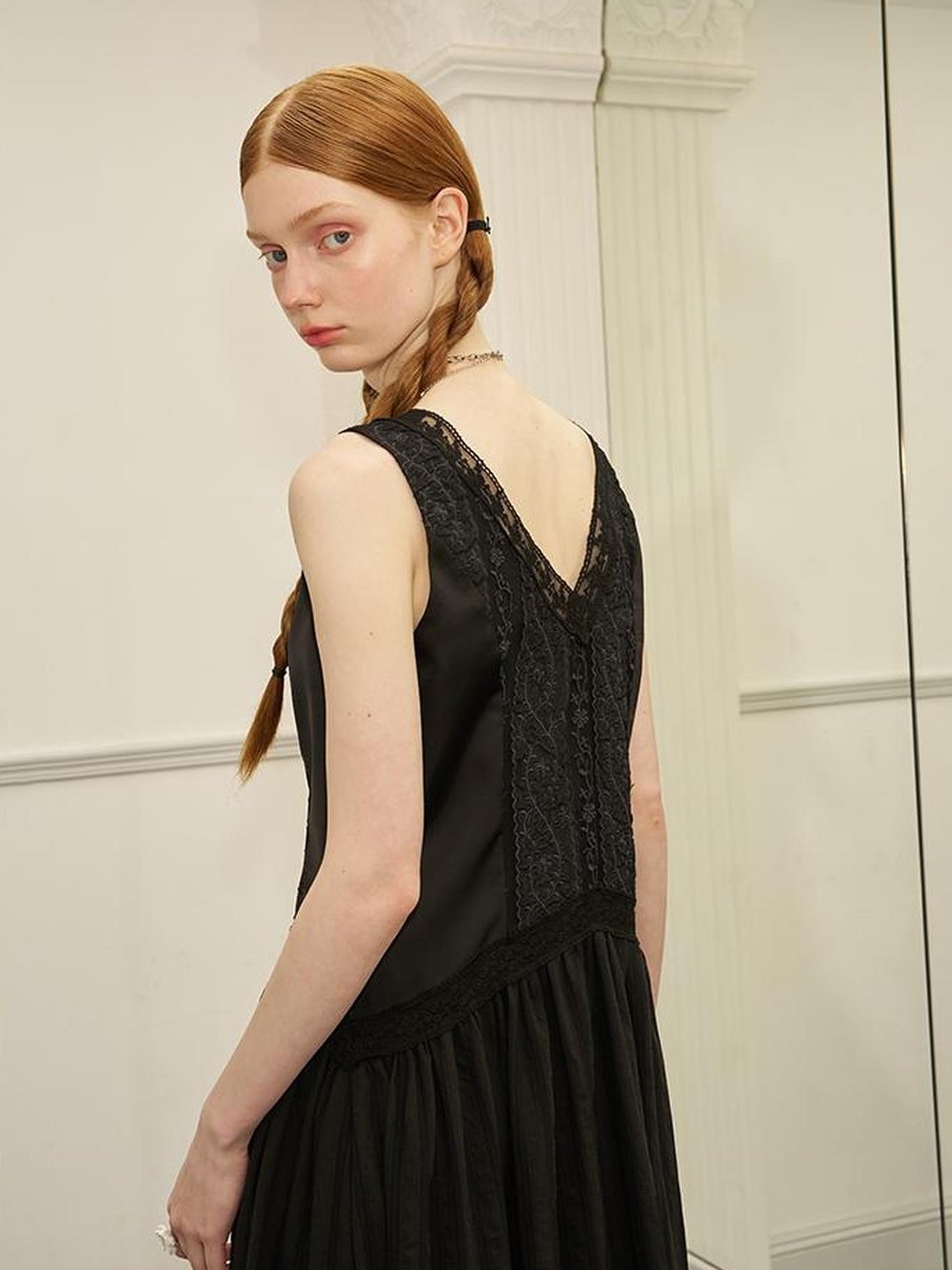 DIDDI MODA Elegant Lace Stripe V Neck Sleeveless Maxi Dress