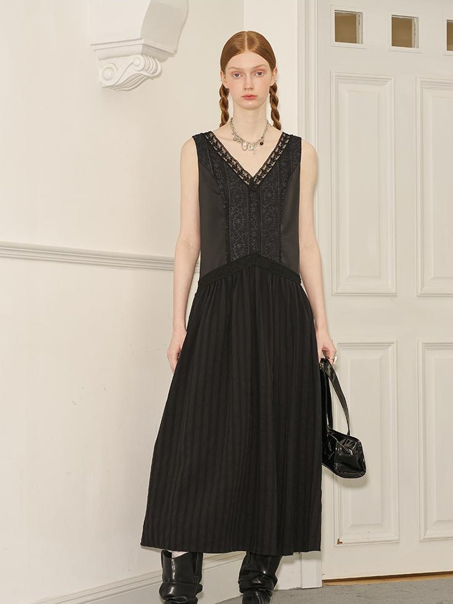 DIDDI MODA Elegant Lace Stripe V Neck Sleeveless Maxi Dress