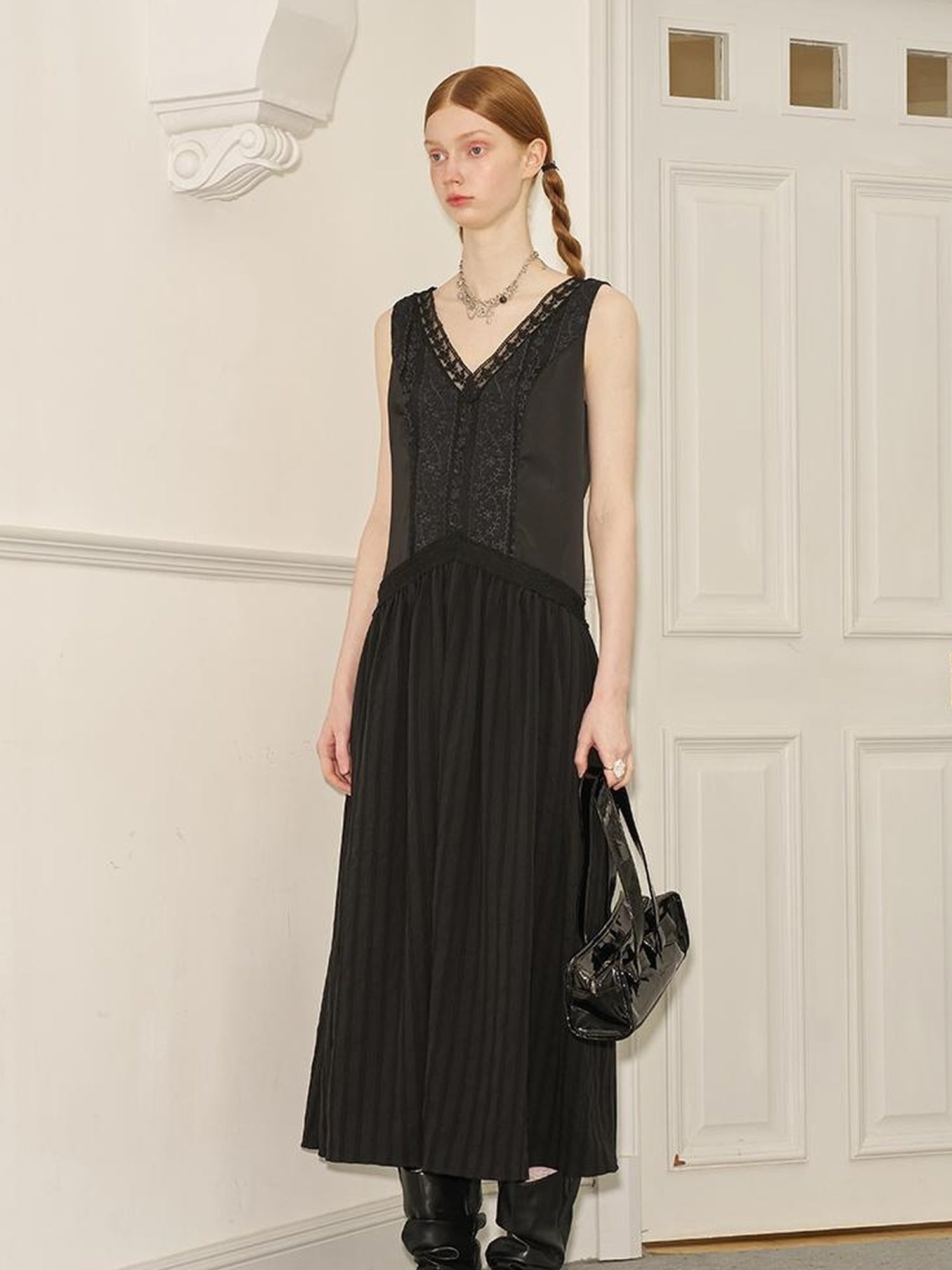 DIDDI MODA Elegant Lace Stripe V Neck Sleeveless Maxi Dress