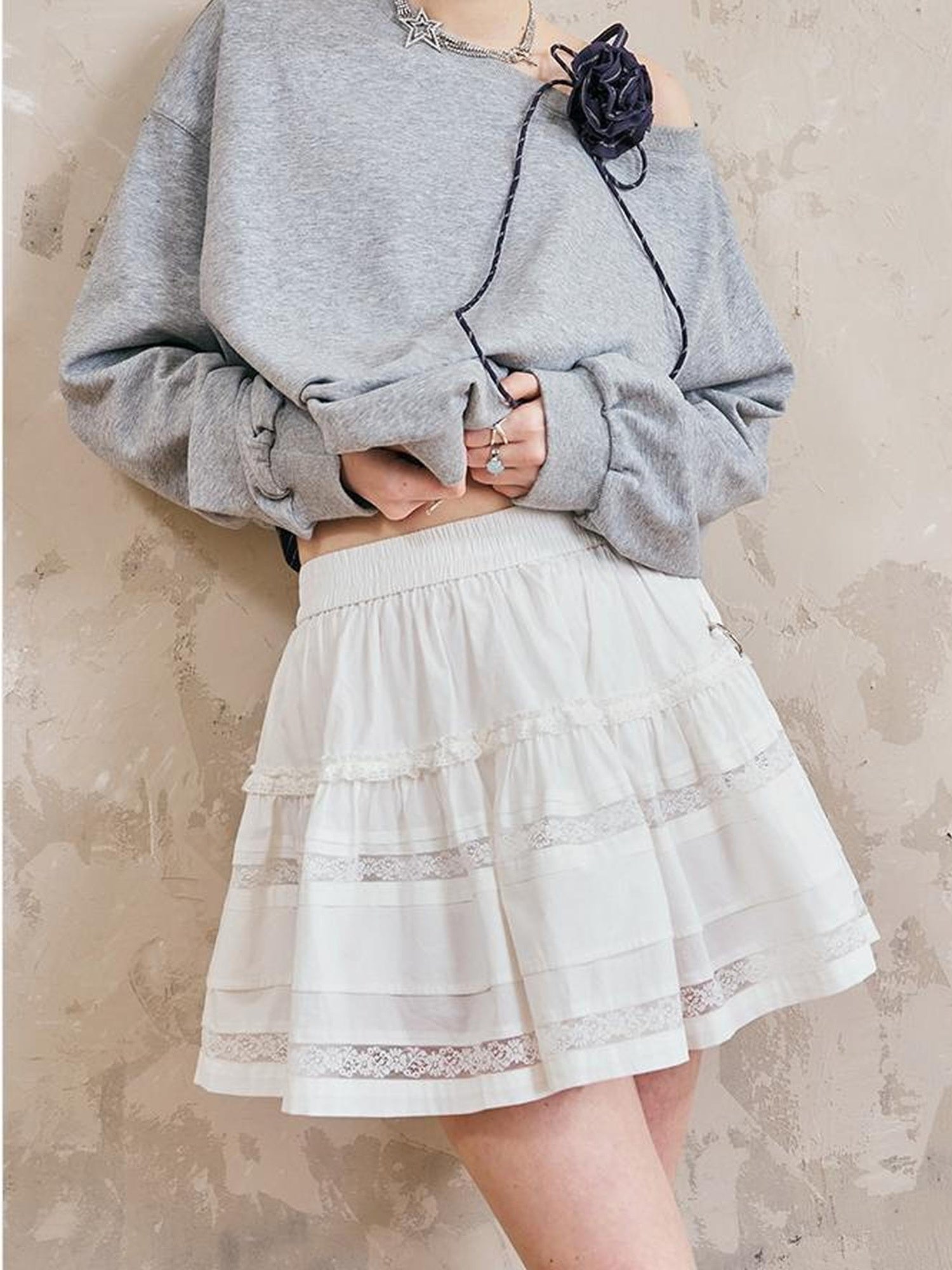 Elegant Lace Trimmed Tiered Mini Skirt