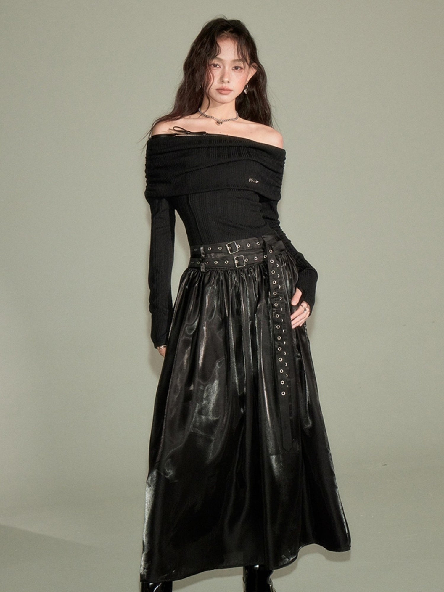 DIDDI MODA Elegant Off Shoulder Bow Dress With Metallic Belt