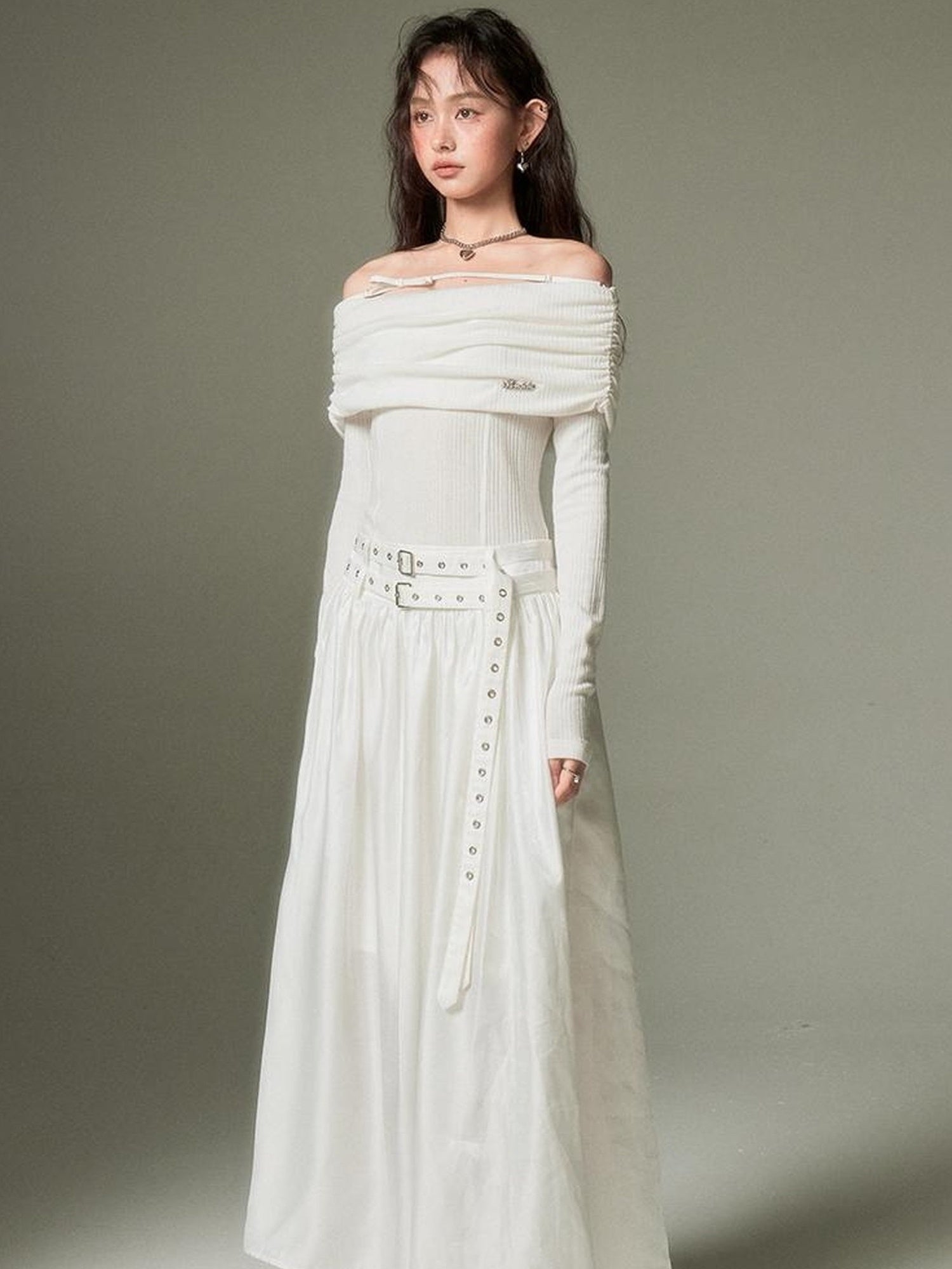 DIDDI MODA Elegant Off Shoulder Bow Dress With Metallic Belt