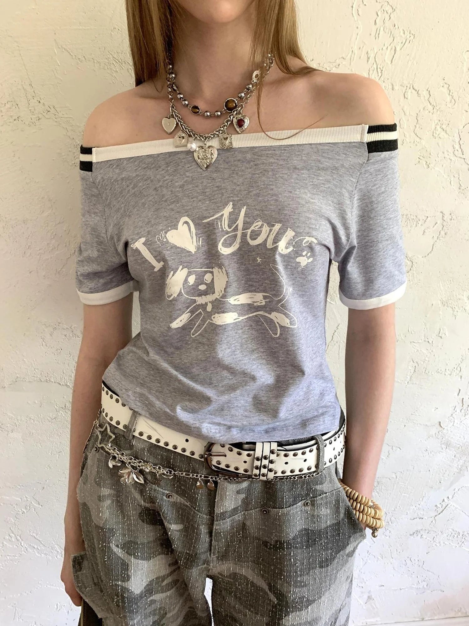 Elegant Off Shoulder Puppy Print Tee