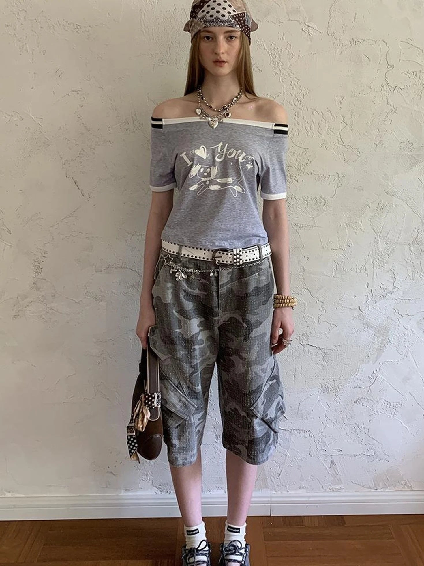 Elegant Off Shoulder Puppy Print Tee