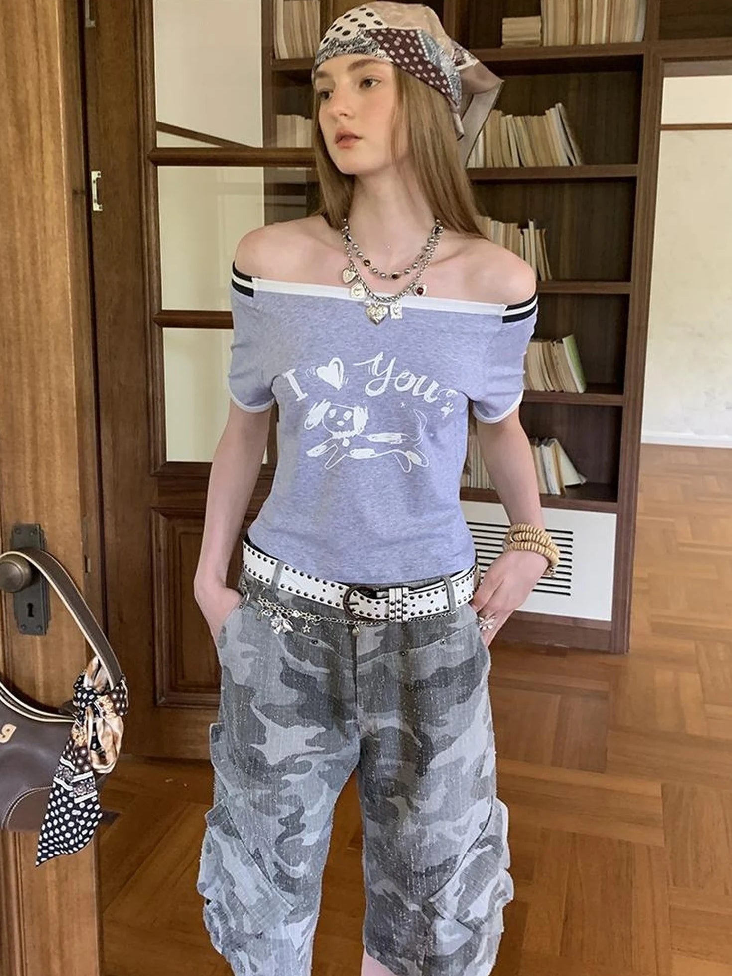 Elegant Off Shoulder Puppy Print Tee