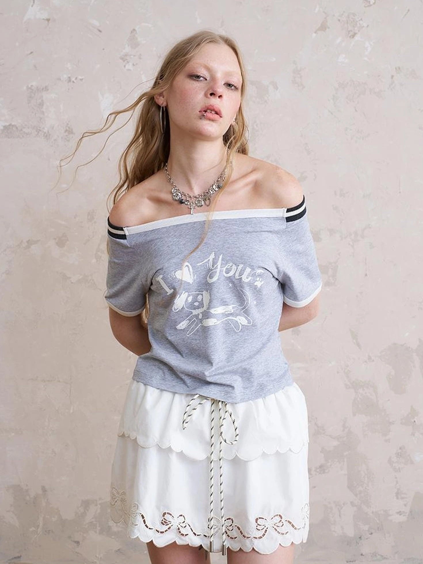 Elegant Off Shoulder Puppy Print Tee
