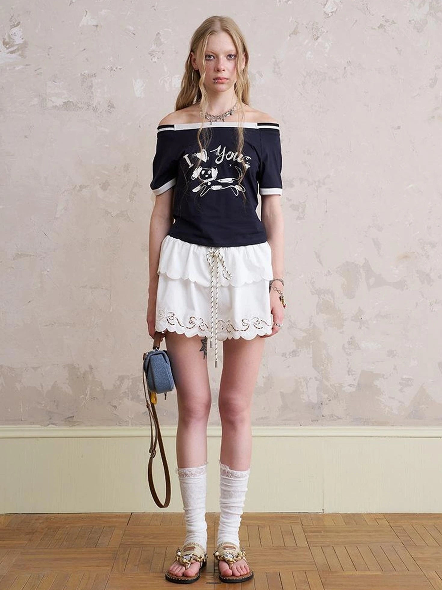 Elegant Off Shoulder Puppy Print Tee