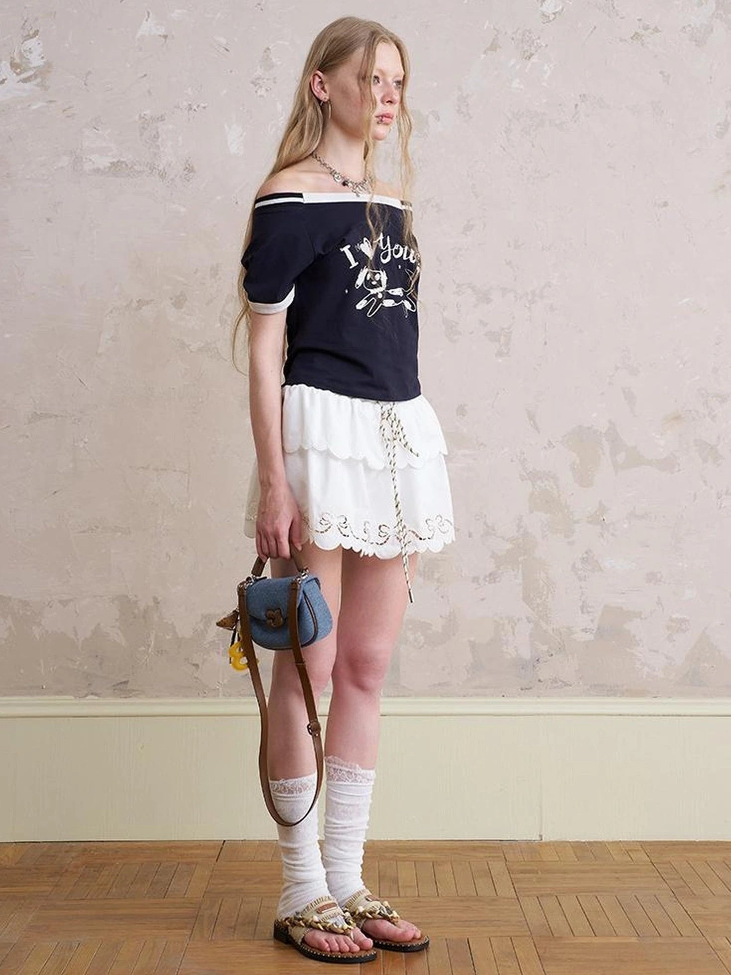 Elegant Off Shoulder Puppy Print Tee