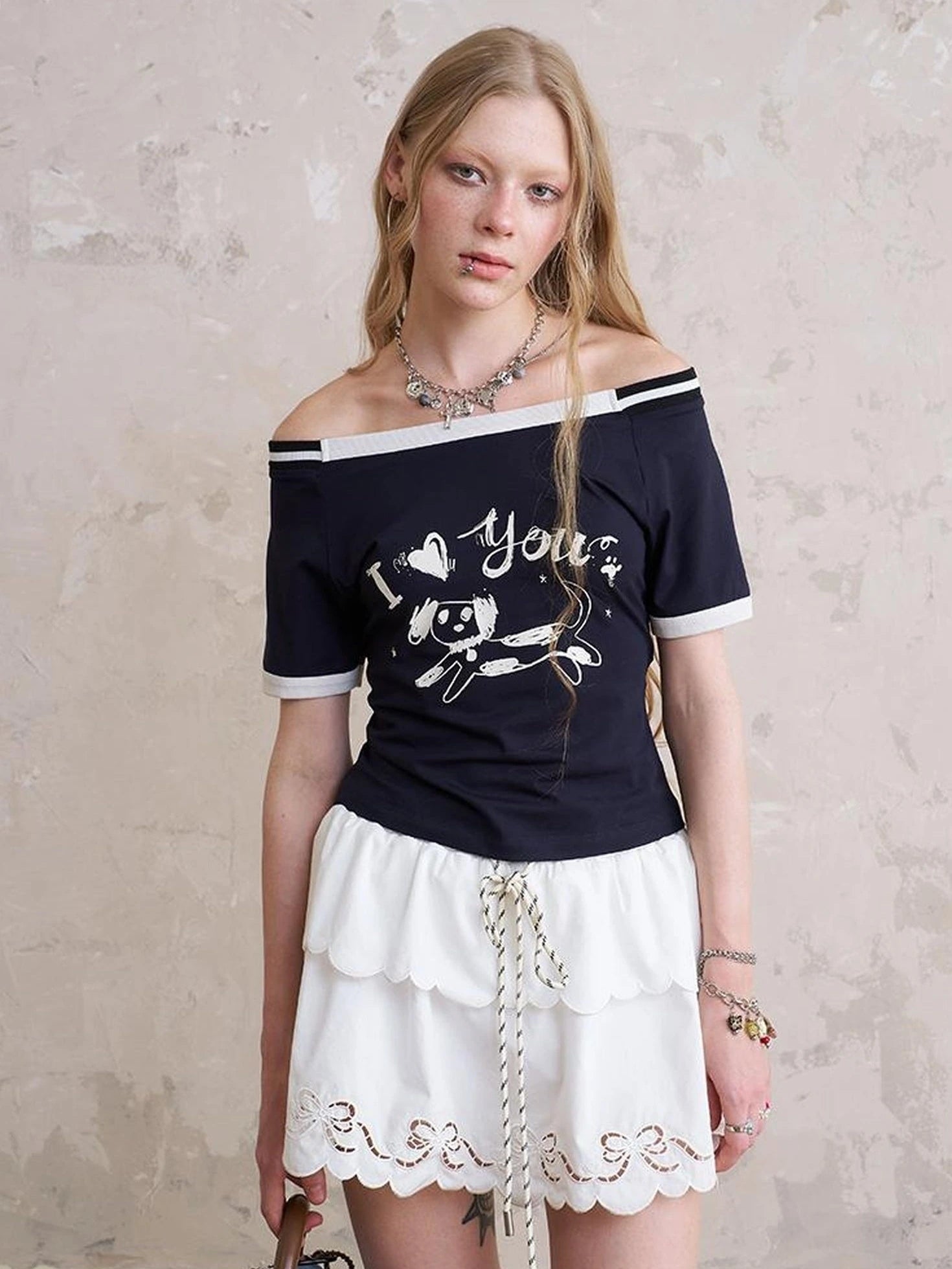 Elegant Off Shoulder Puppy Print Tee