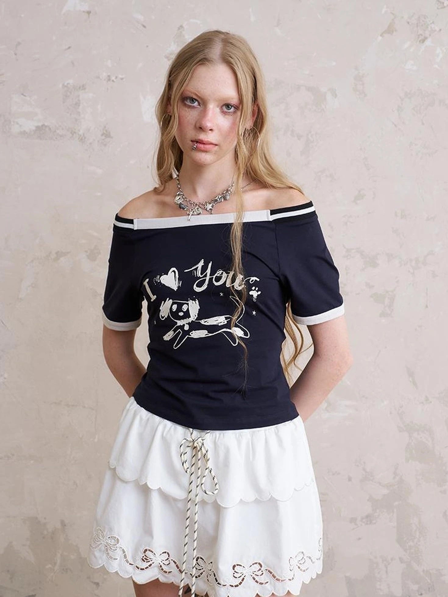 Elegant Off Shoulder Puppy Print Tee