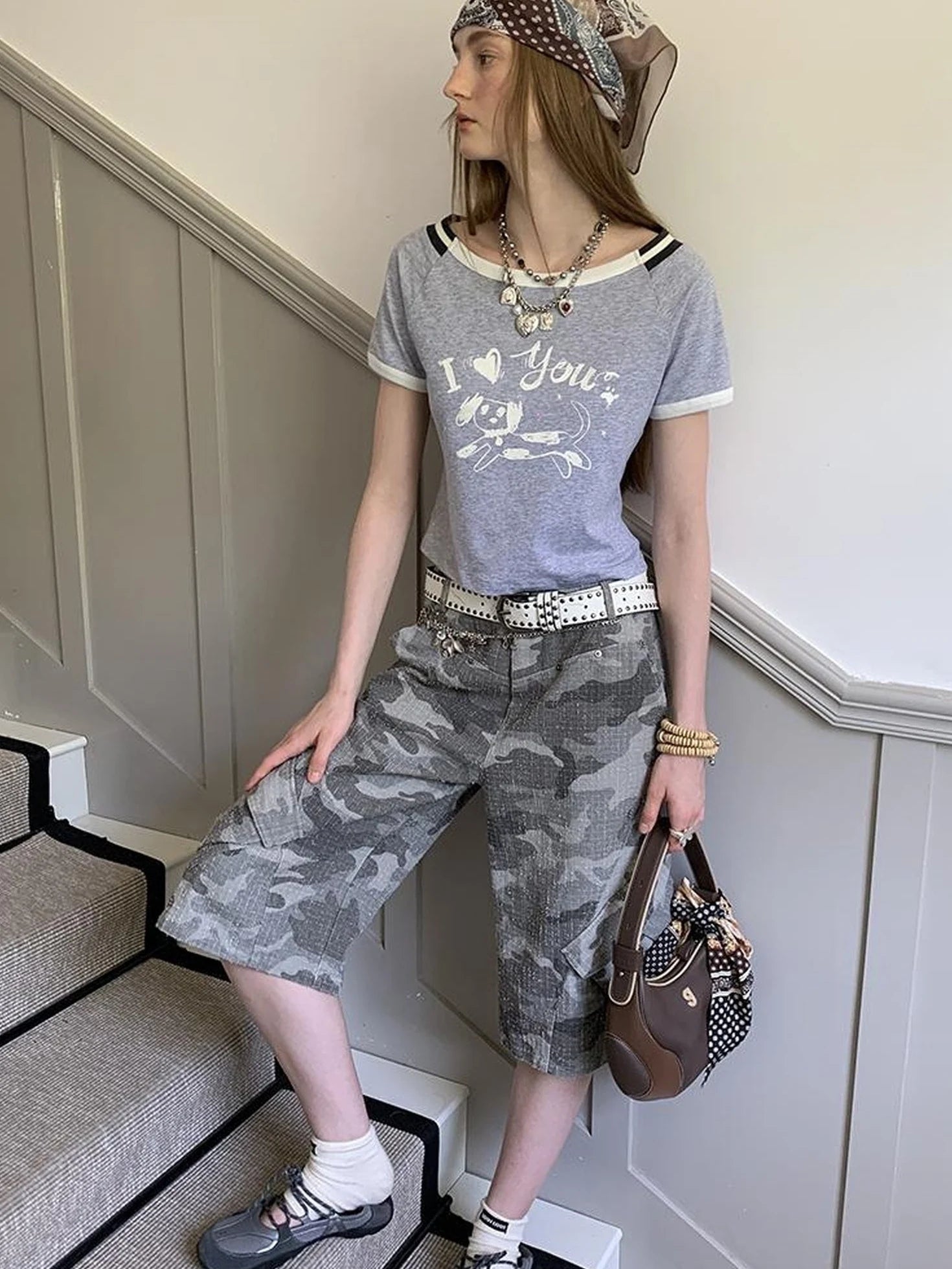 Elegant Off Shoulder Puppy Print Tee