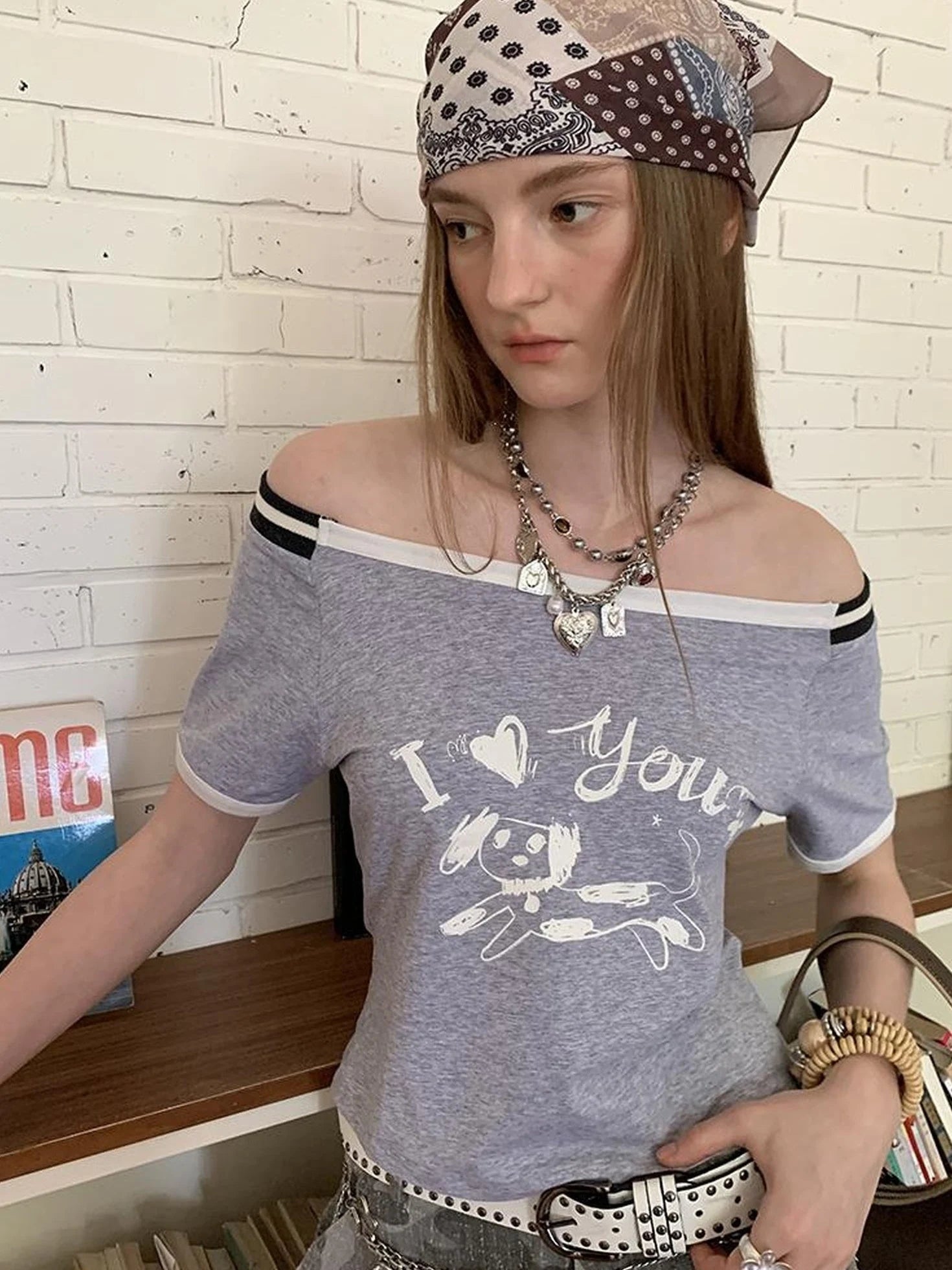 Elegant Off Shoulder Puppy Print Tee