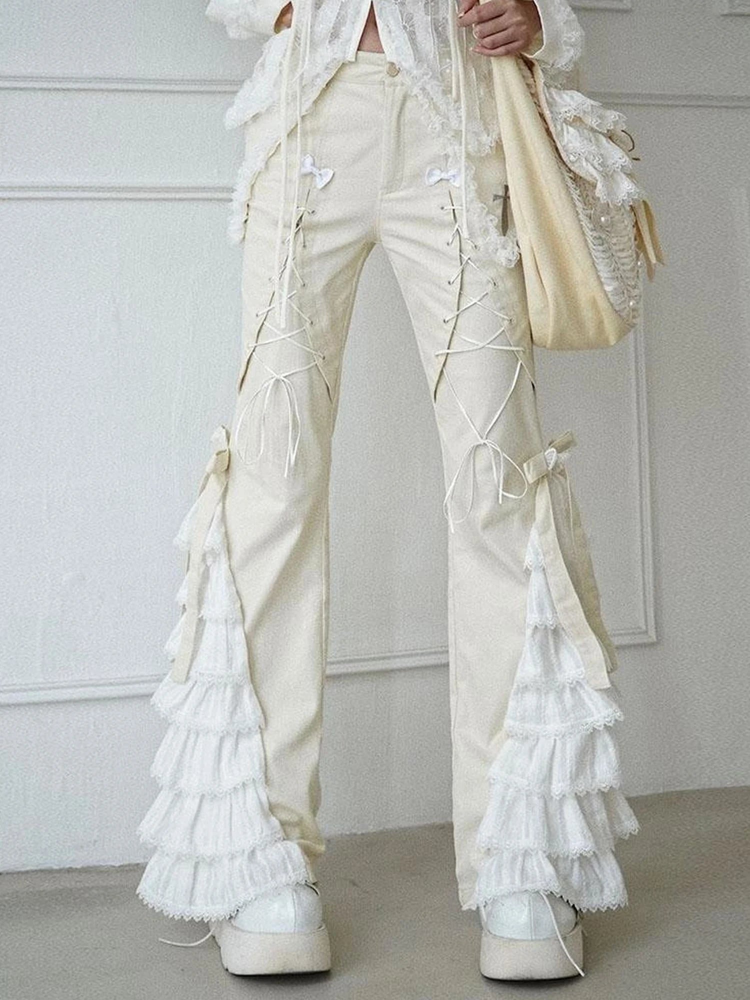 Elegant Off White Lace Casual Pants Versatile Chic