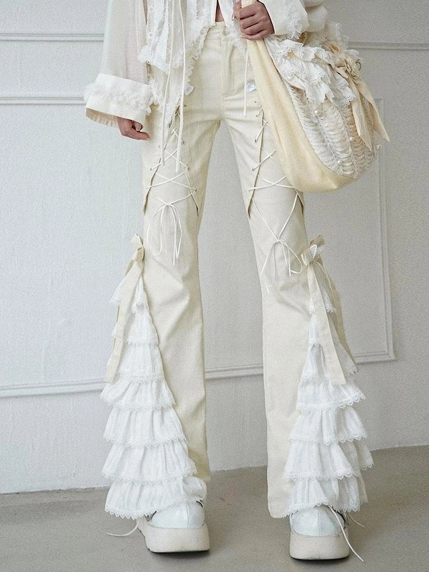 Elegant Off White Lace Casual Pants Versatile Chic