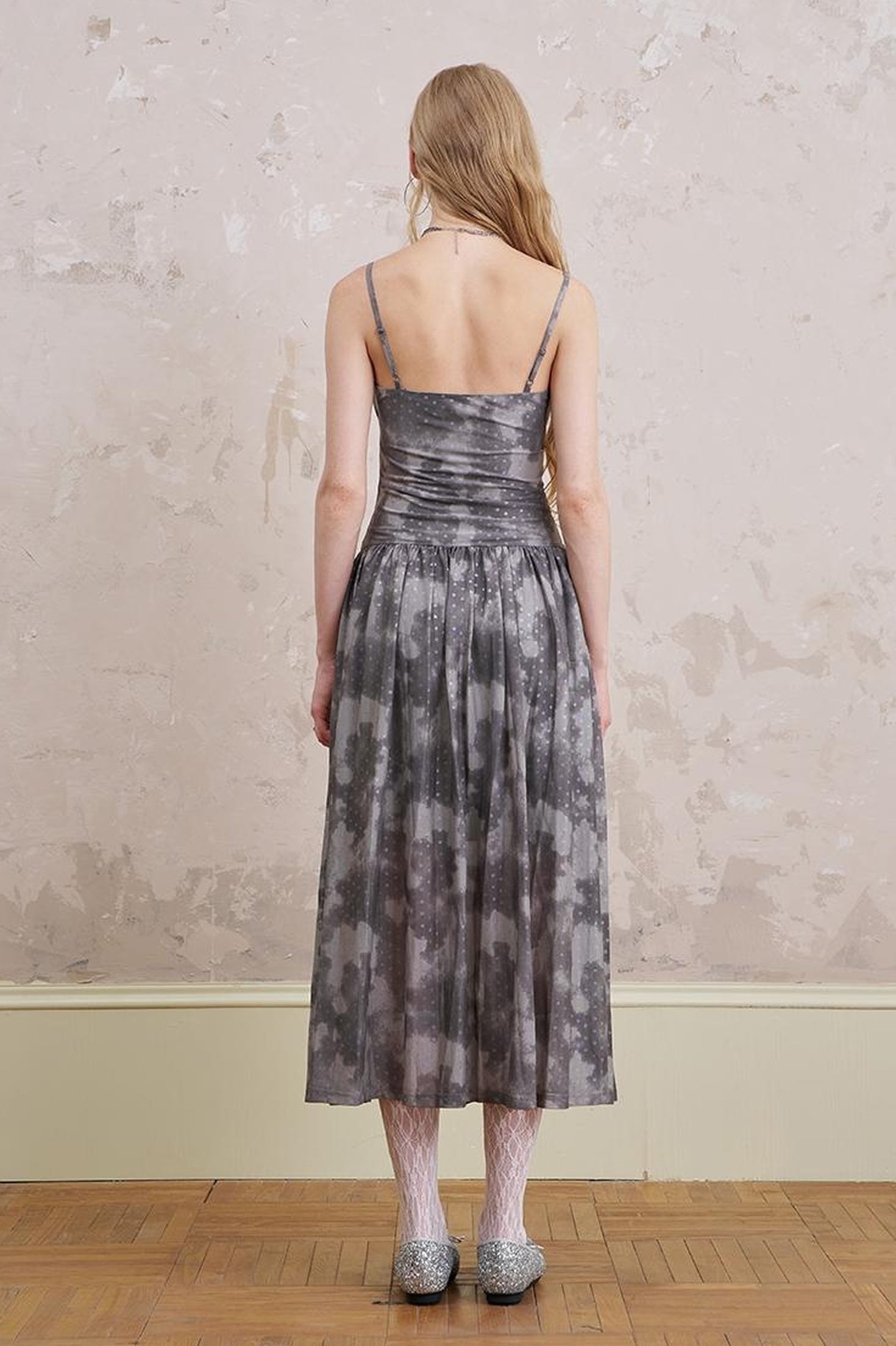 DIDDI MODA Elegant Polka Dot Mesh Wrap Waist Maxi Dress