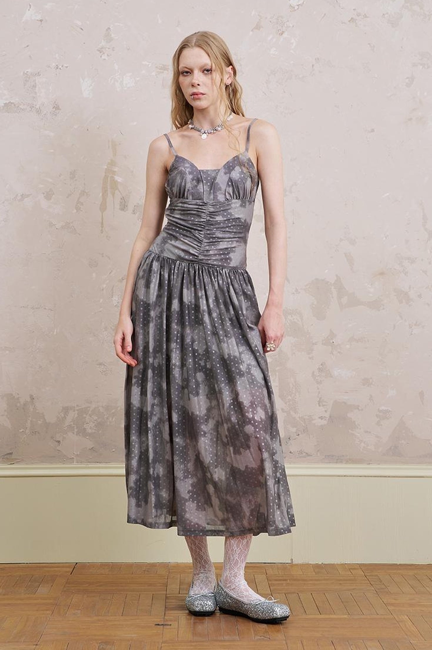 DIDDI MODA Elegant Polka Dot Mesh Wrap Waist Maxi Dress