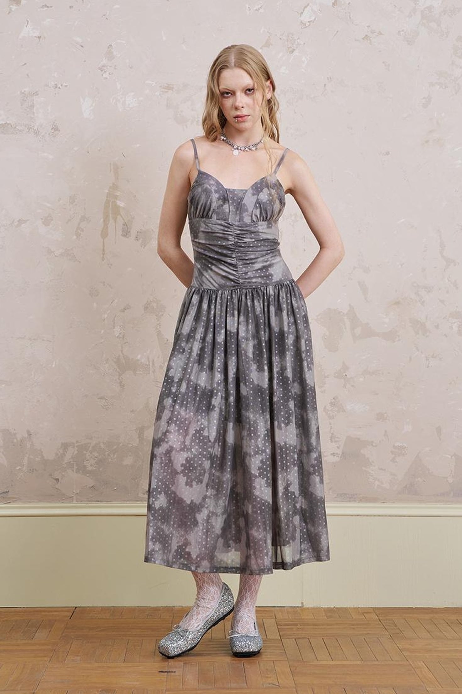 DIDDI MODA Elegant Polka Dot Mesh Wrap Waist Maxi Dress