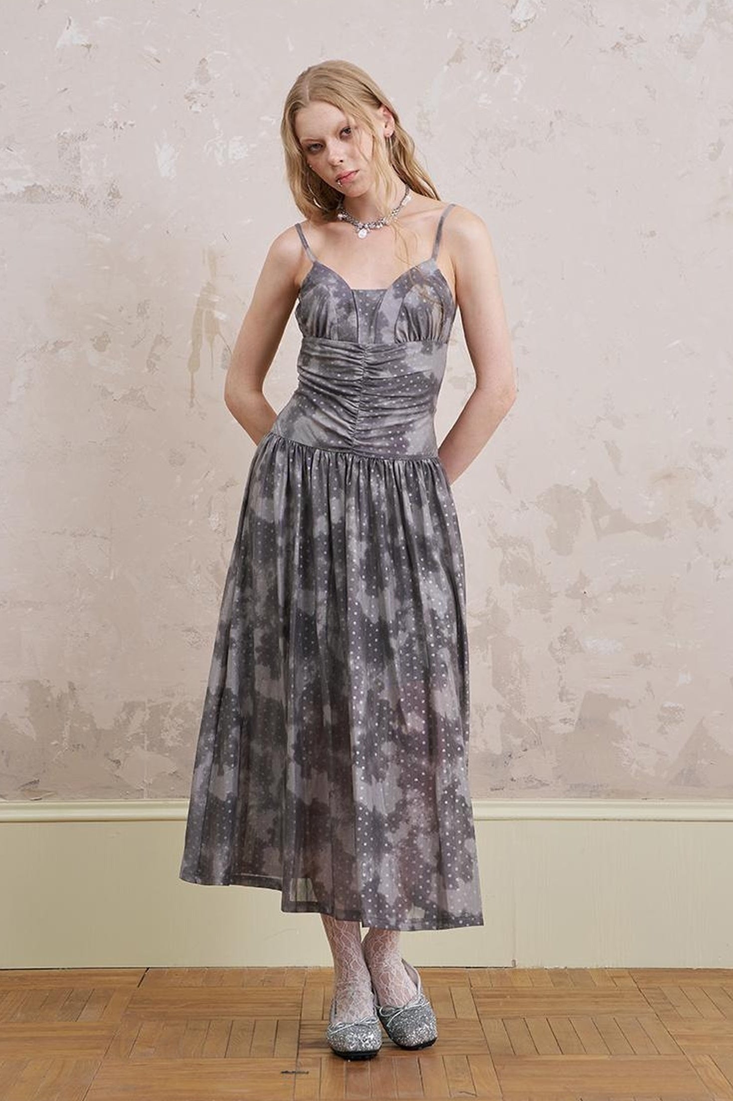 DIDDI MODA Elegant Polka Dot Mesh Wrap Waist Maxi Dress