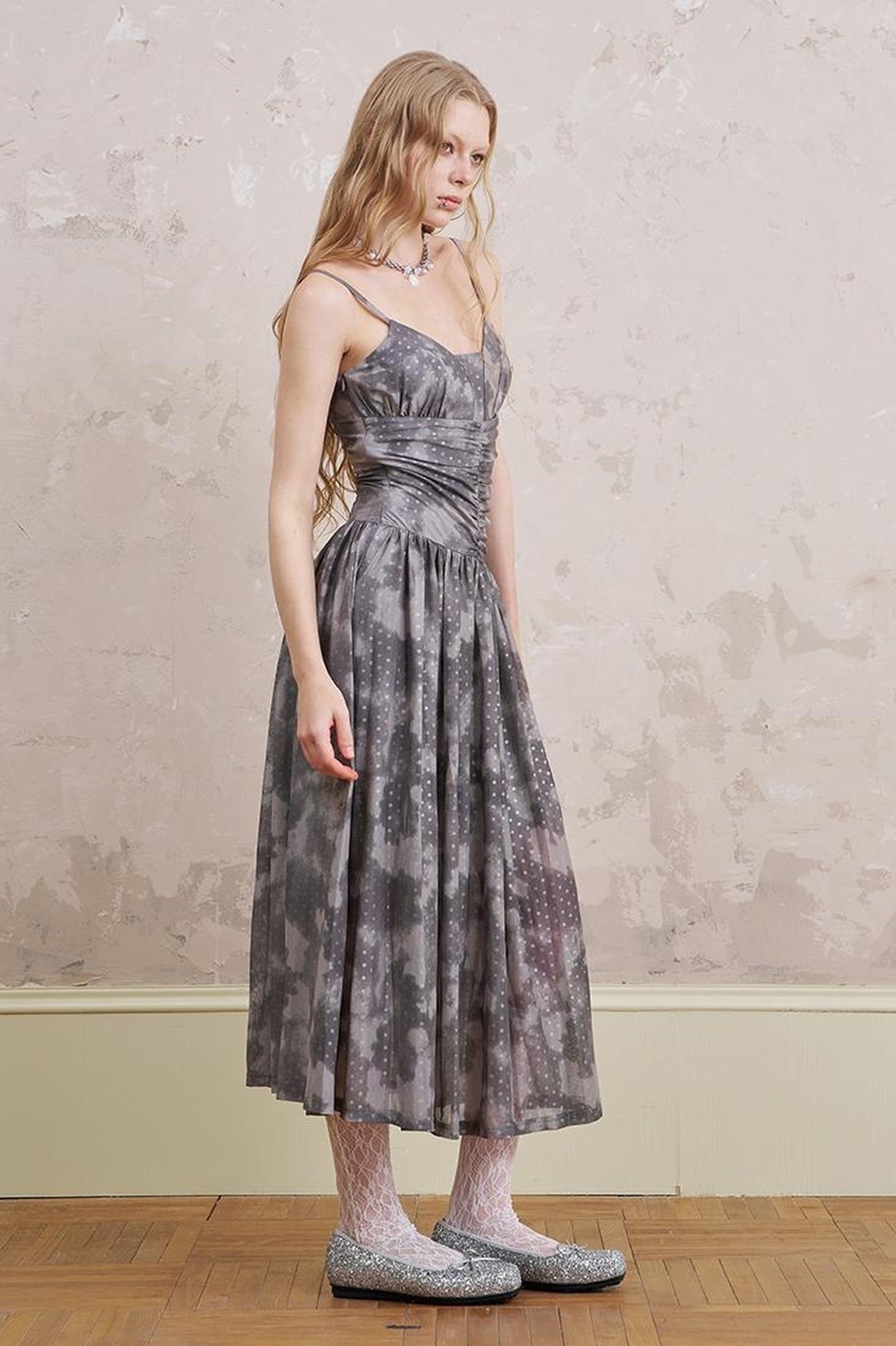 DIDDI MODA Elegant Polka Dot Mesh Wrap Waist Maxi Dress