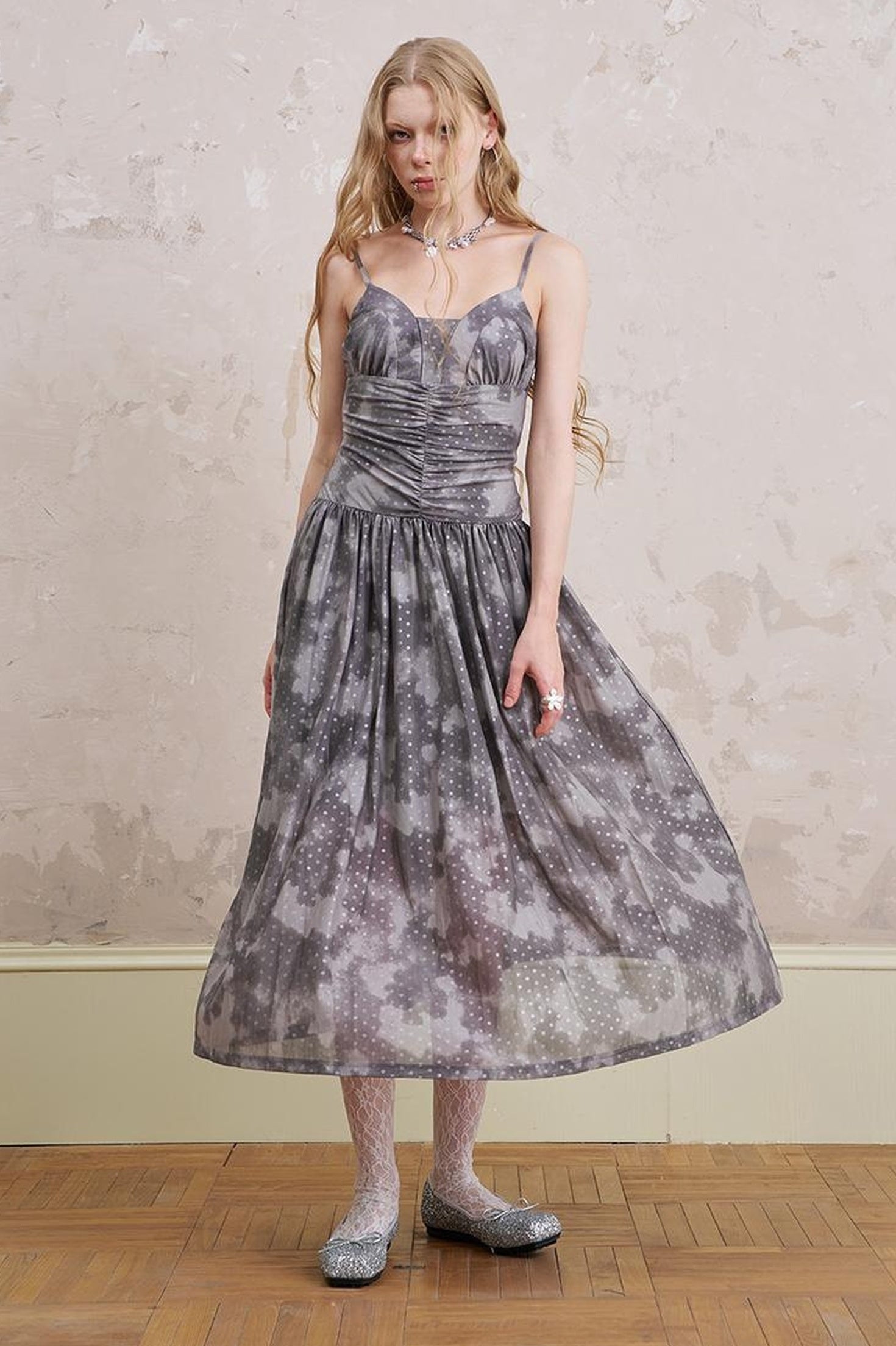 DIDDI MODA Elegant Polka Dot Mesh Wrap Waist Maxi Dress