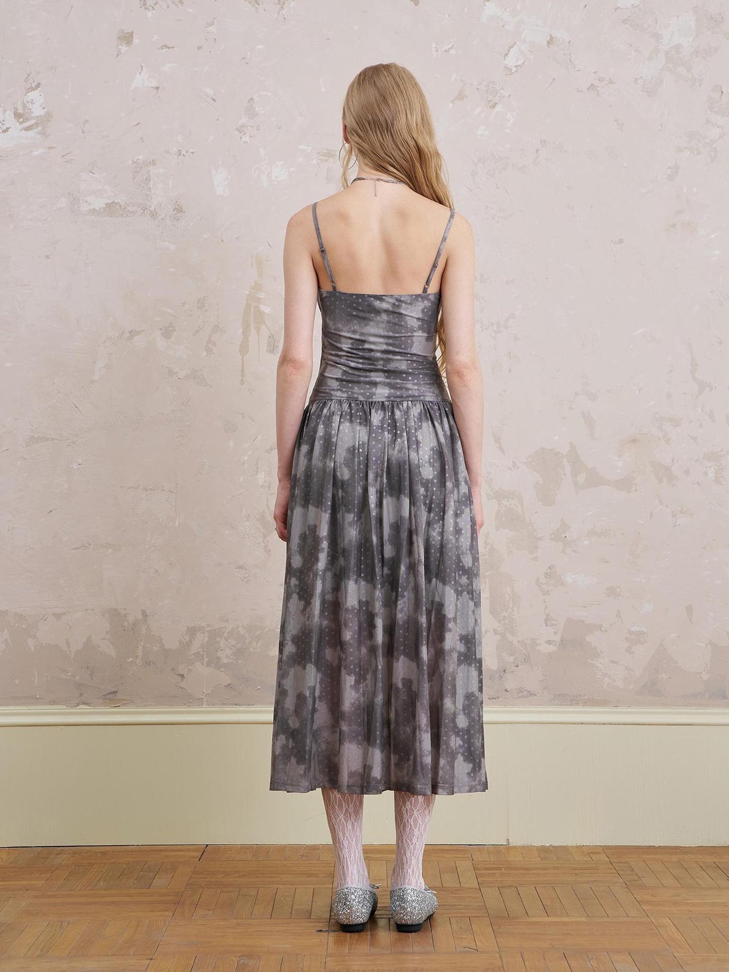 DIDDI MODA Elegant Polka Dot Mesh Wrap Waist Maxi Dress