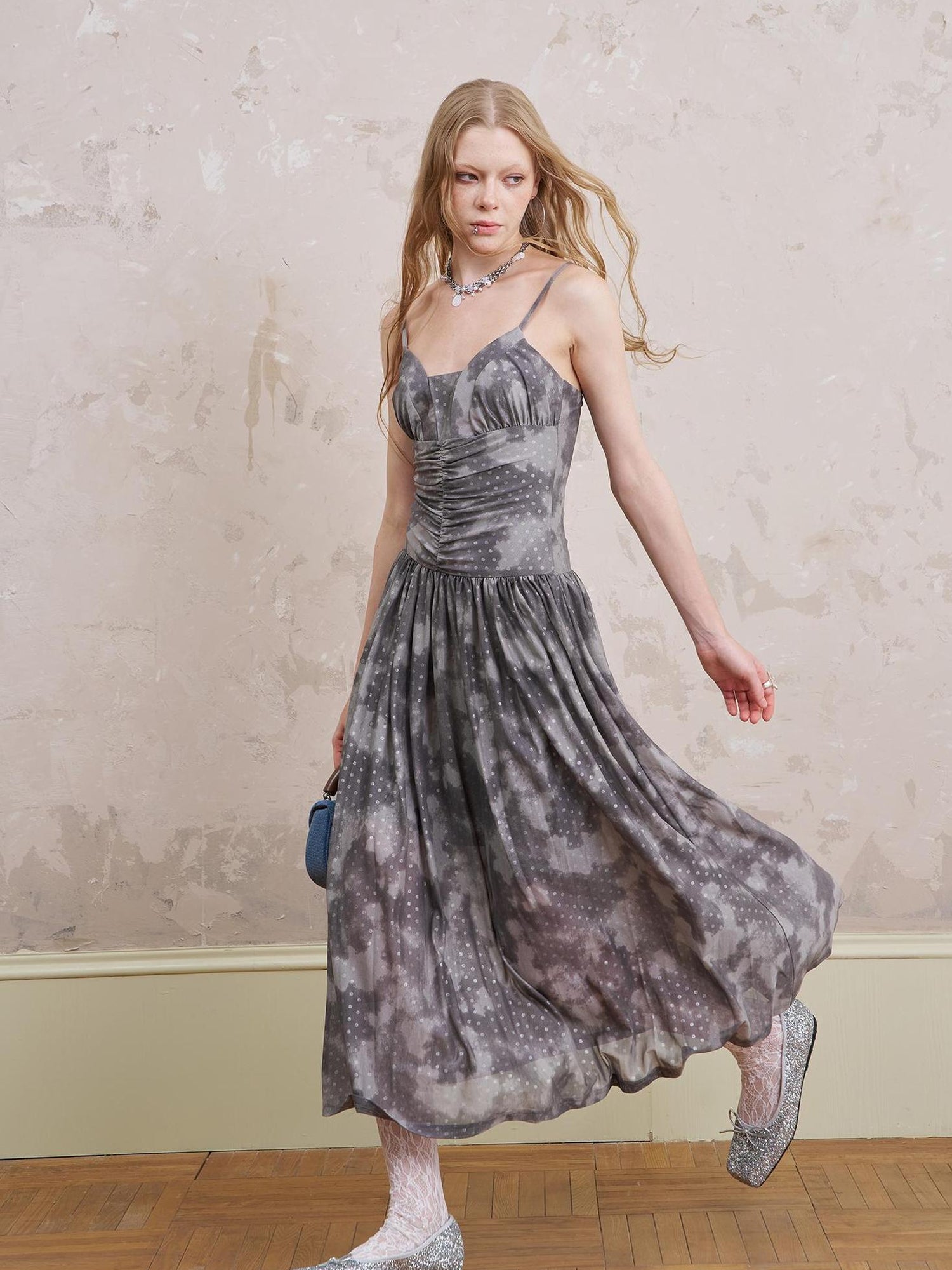 DIDDI MODA Elegant Polka Dot Mesh Wrap Waist Maxi Dress