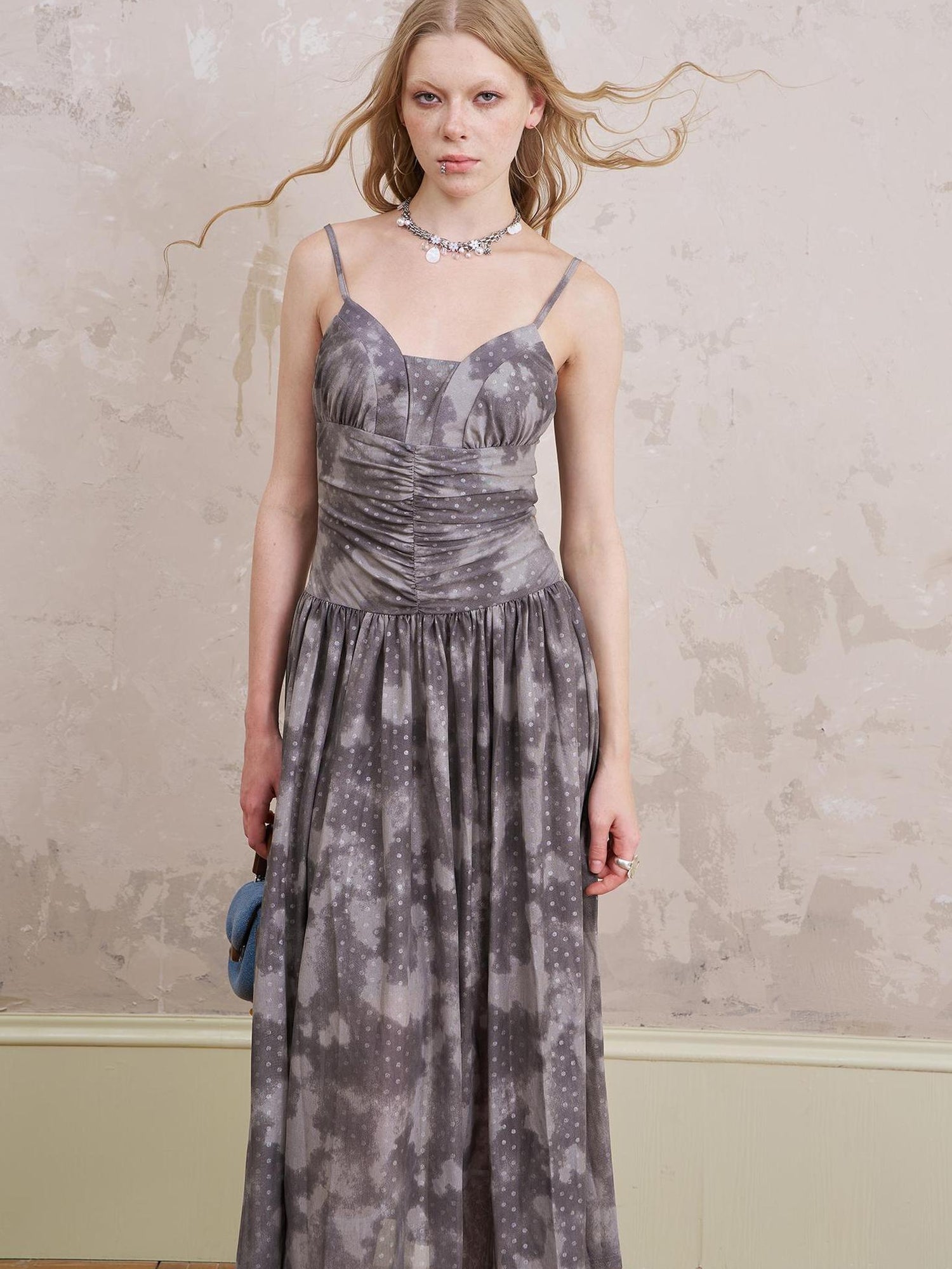 DIDDI MODA Elegant Polka Dot Mesh Wrap Waist Maxi Dress