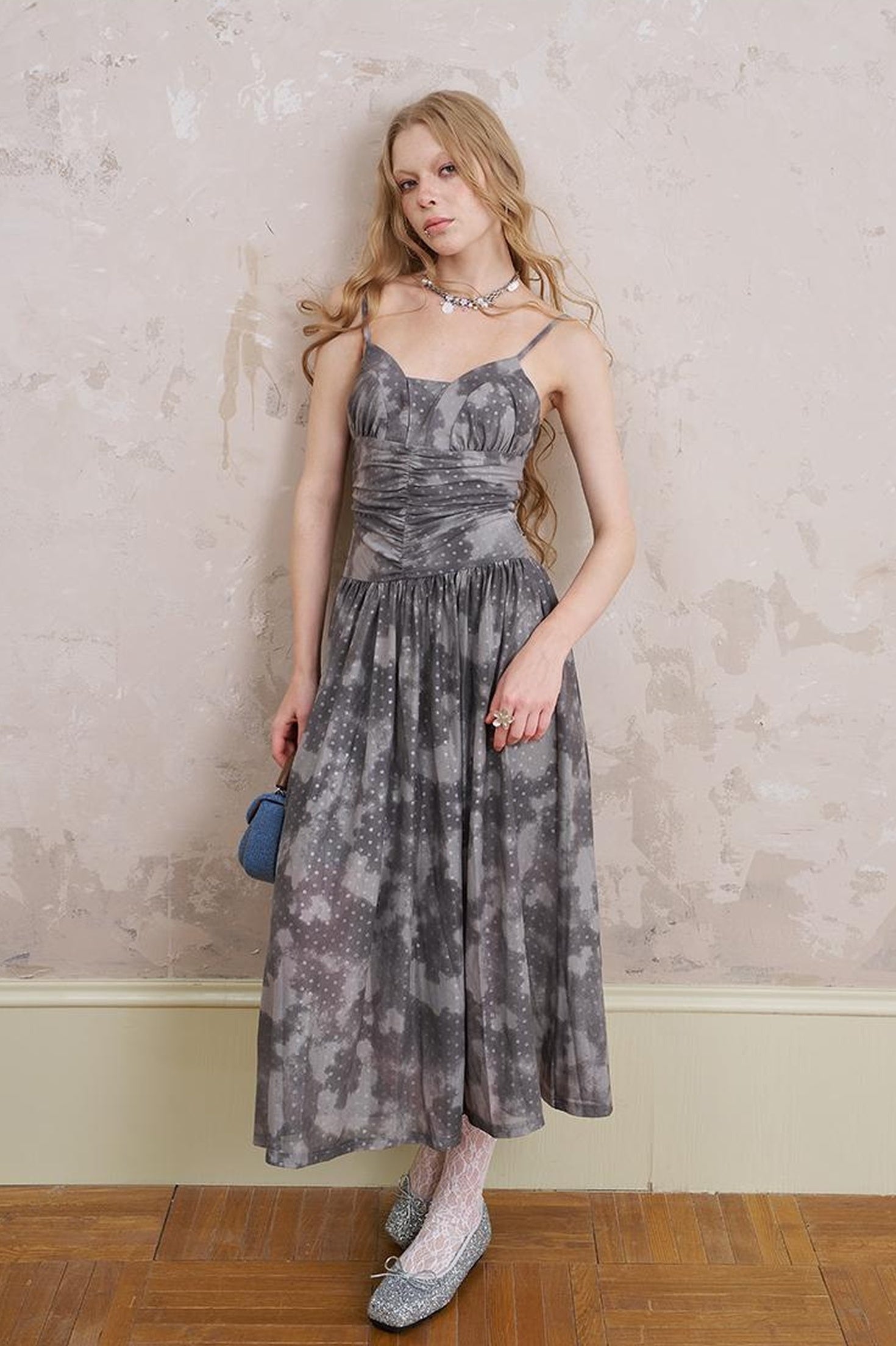 DIDDI MODA Elegant Polka Dot Mesh Wrap Waist Maxi Dress