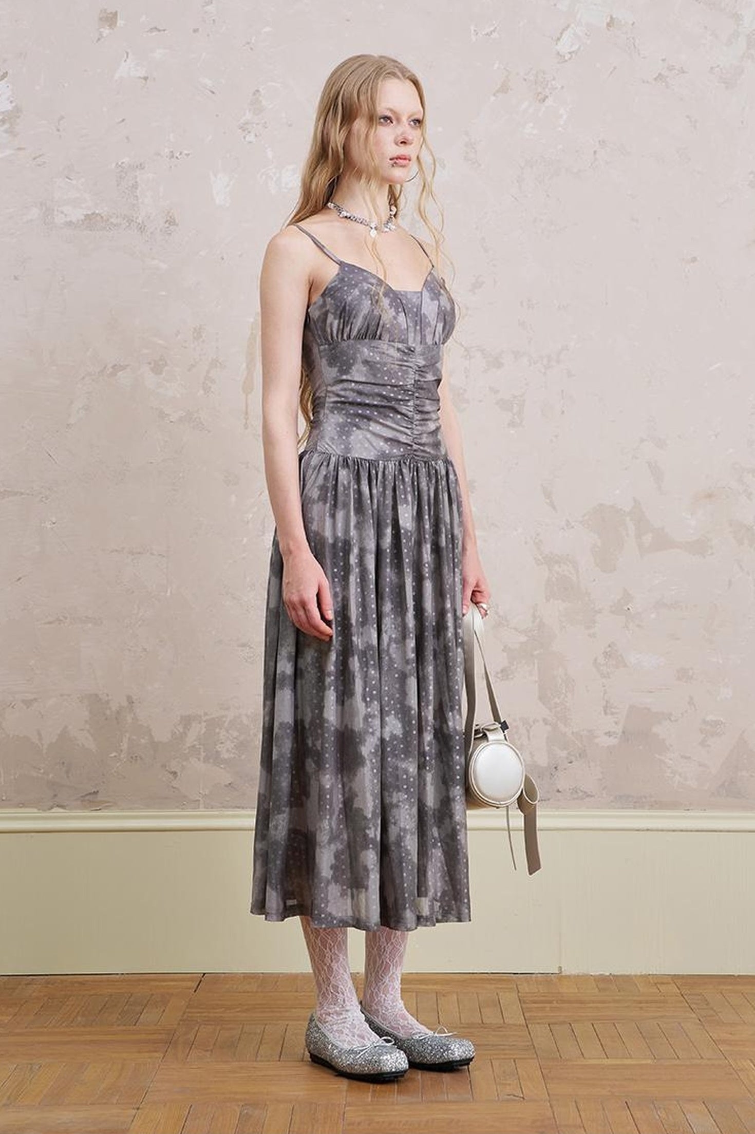 DIDDI MODA Elegant Polka Dot Mesh Wrap Waist Maxi Dress