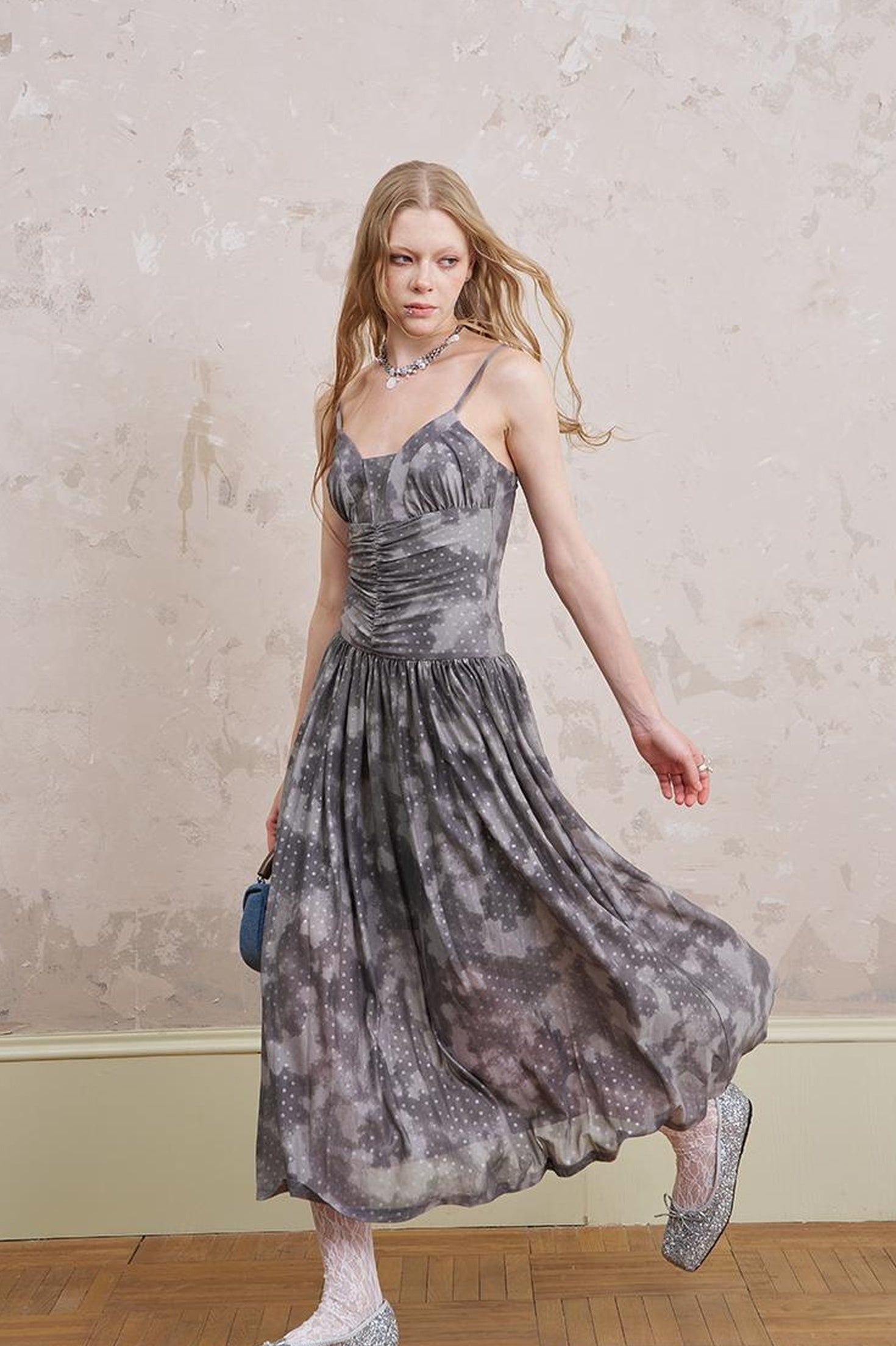 DIDDI MODA Elegant Polka Dot Mesh Wrap Waist Maxi Dress