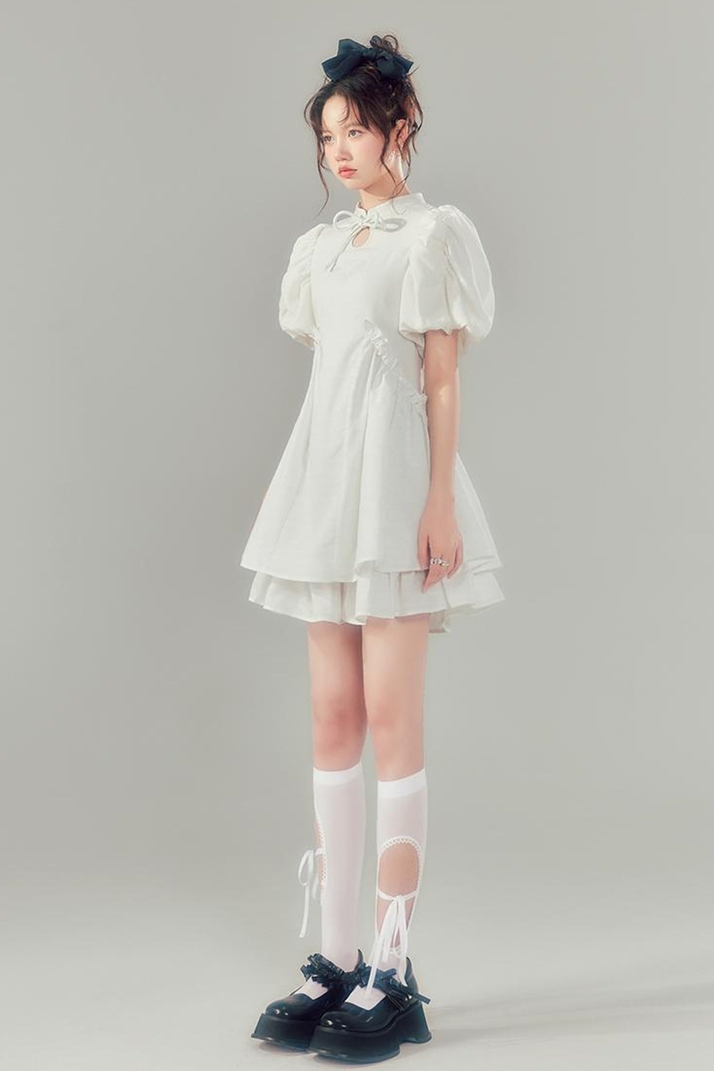 DIDDI MODA Elegant Qipao Bubble Sleeve Dress With Floral Jacquard And Ruffles