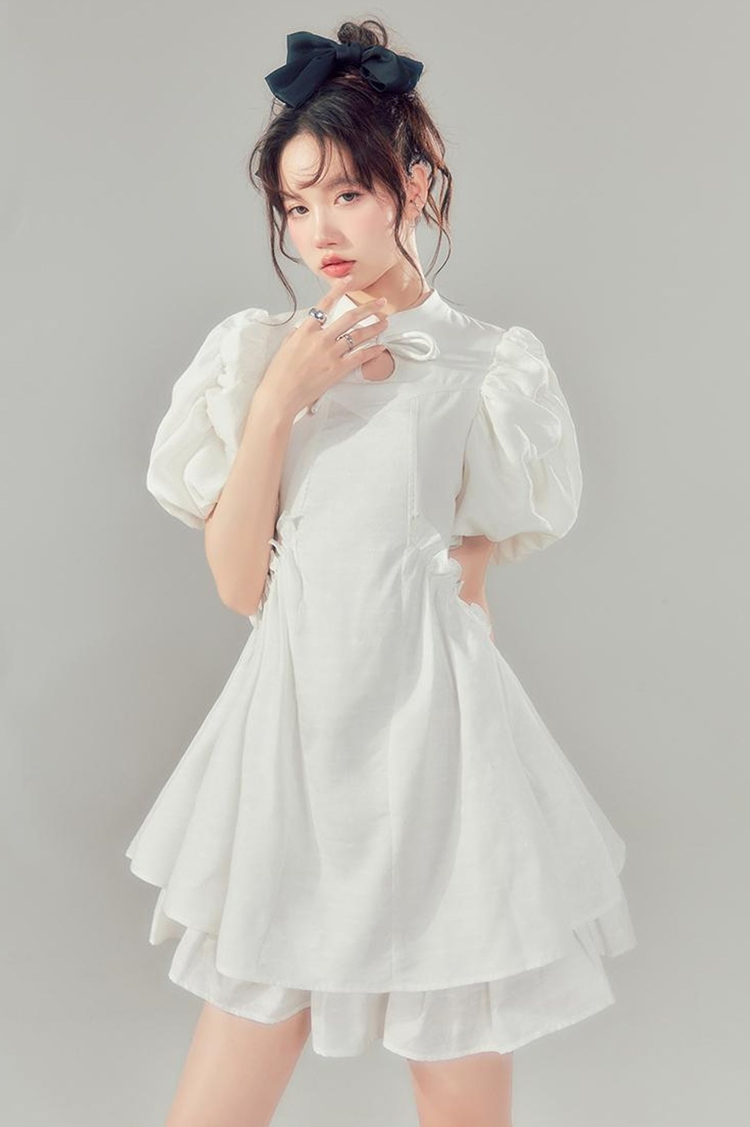 DIDDI MODA Elegant Qipao Bubble Sleeve Dress With Floral Jacquard And Ruffles