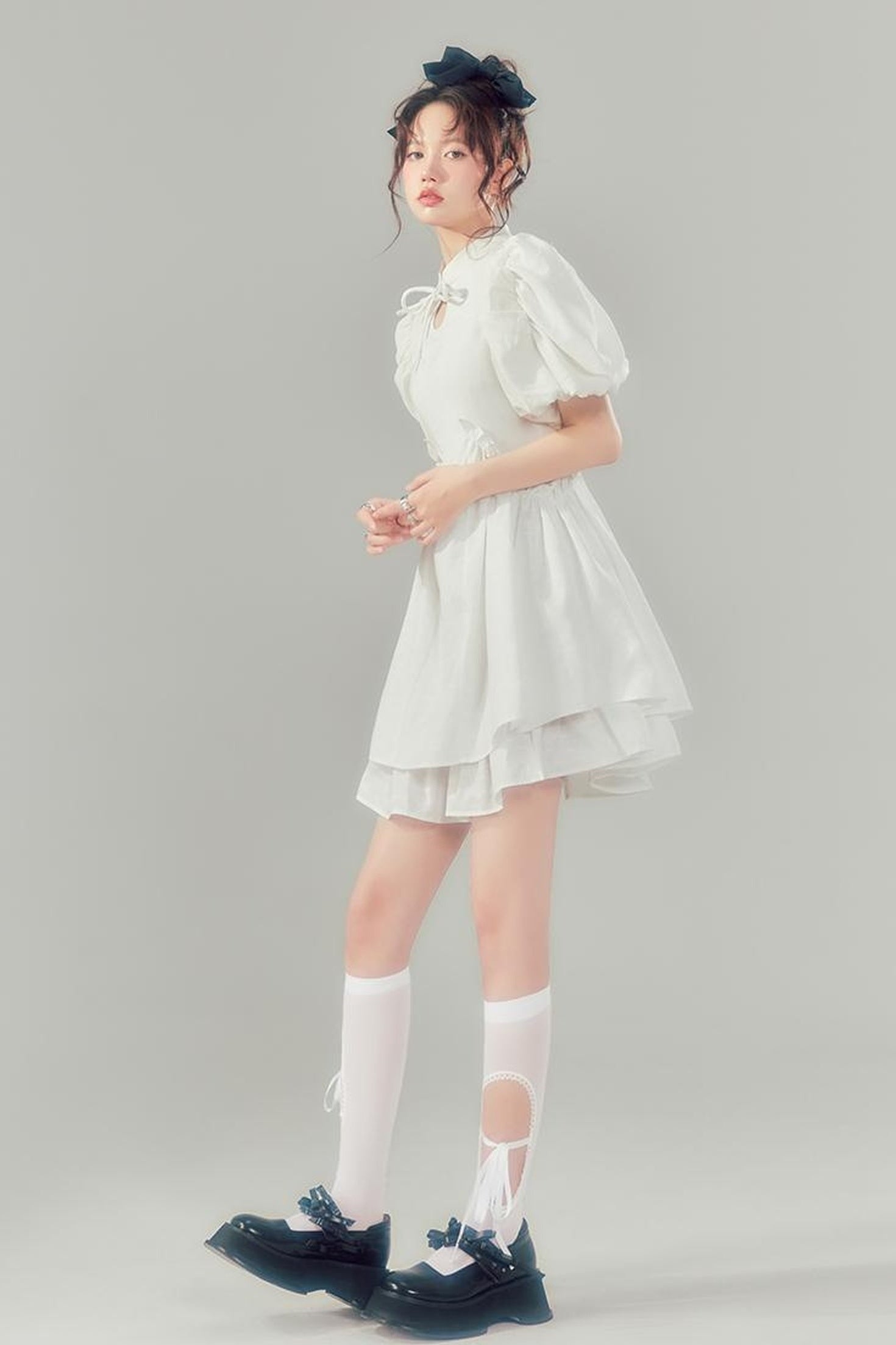 DIDDI MODA Elegant Qipao Bubble Sleeve Dress With Floral Jacquard And Ruffles