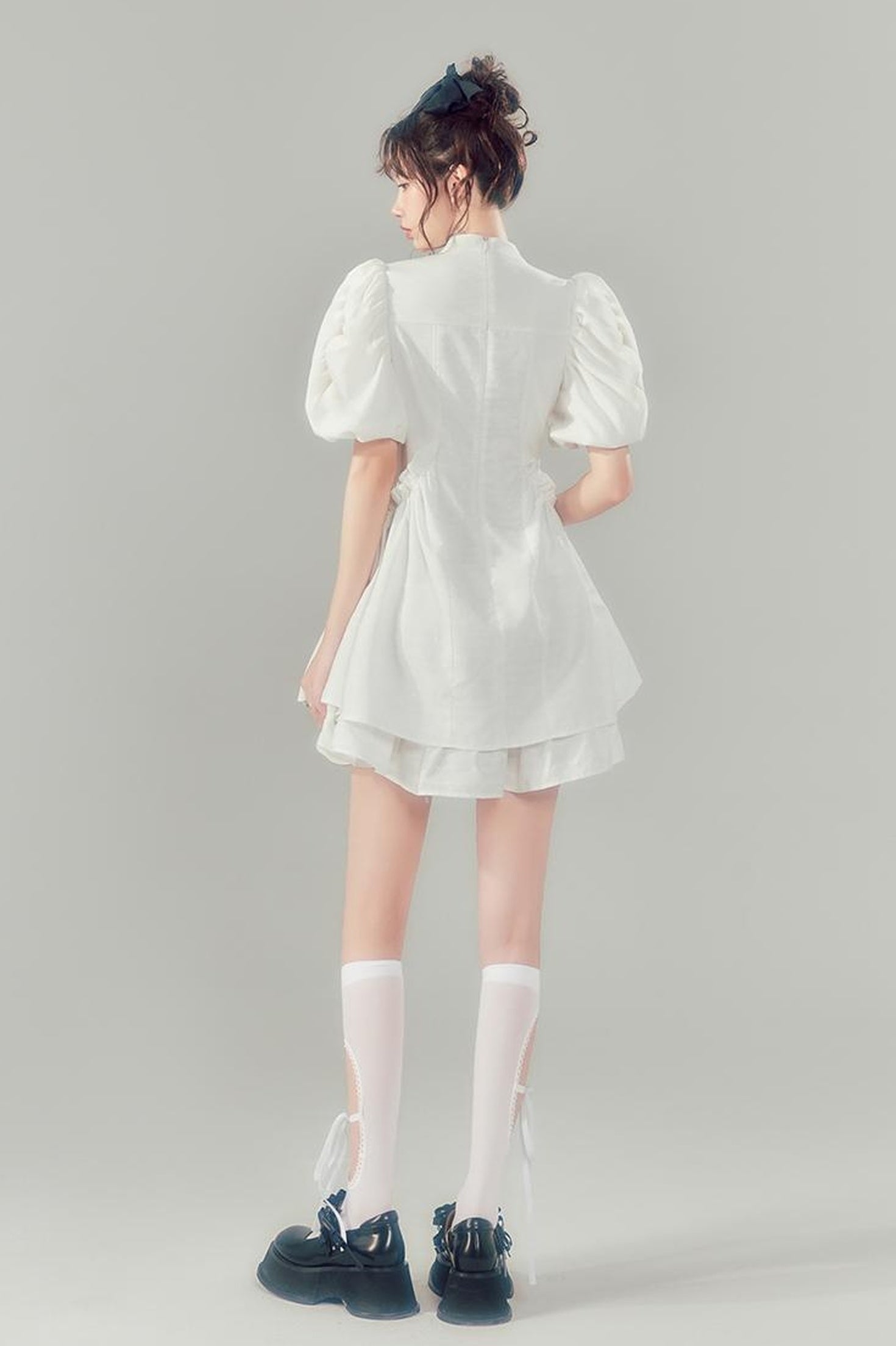 DIDDI MODA Elegant Qipao Bubble Sleeve Dress With Floral Jacquard And Ruffles