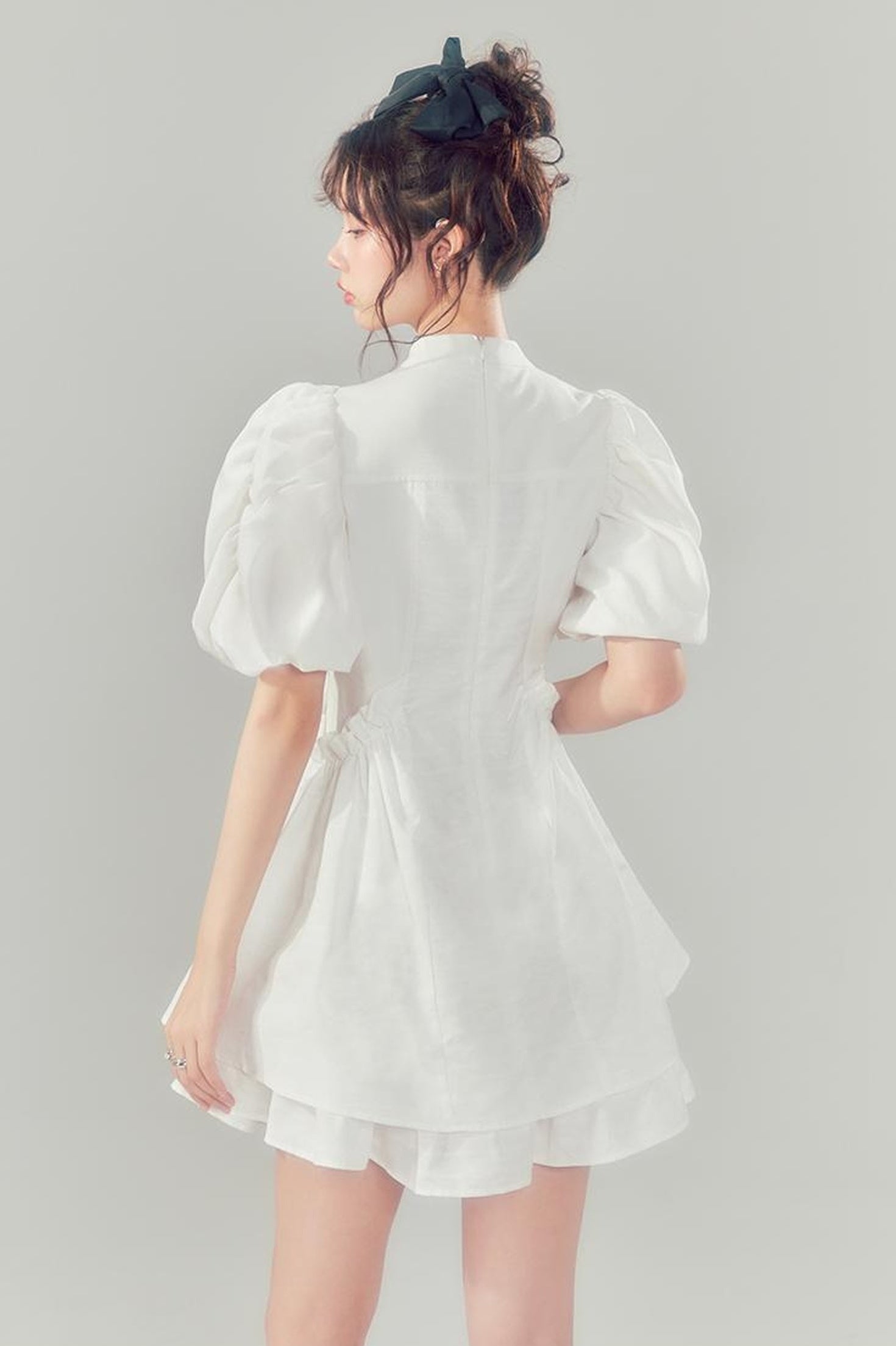 DIDDI MODA Elegant Qipao Bubble Sleeve Dress With Floral Jacquard And Ruffles