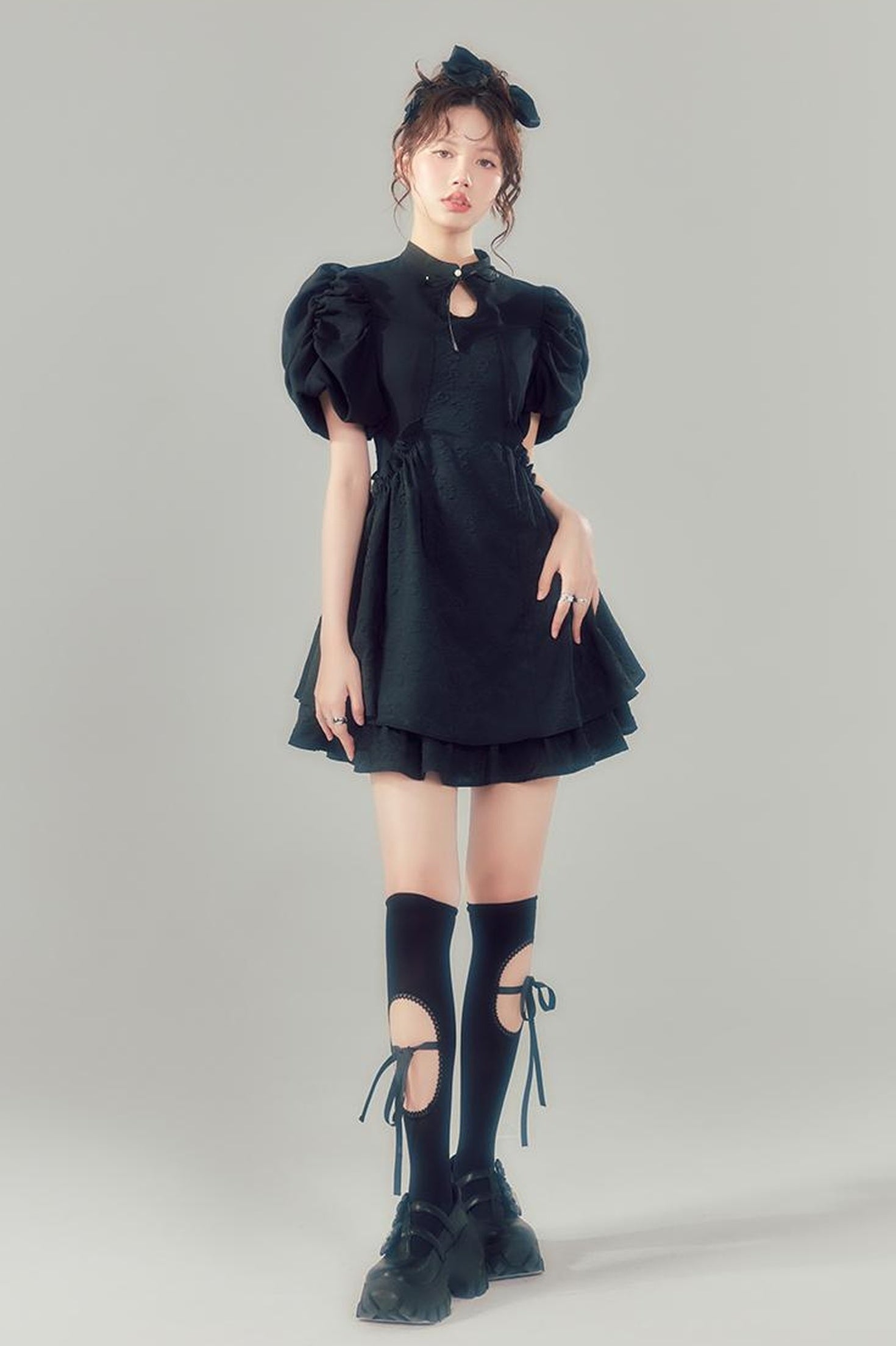 DIDDI MODA Elegant Qipao Bubble Sleeve Dress With Floral Jacquard And Ruffles