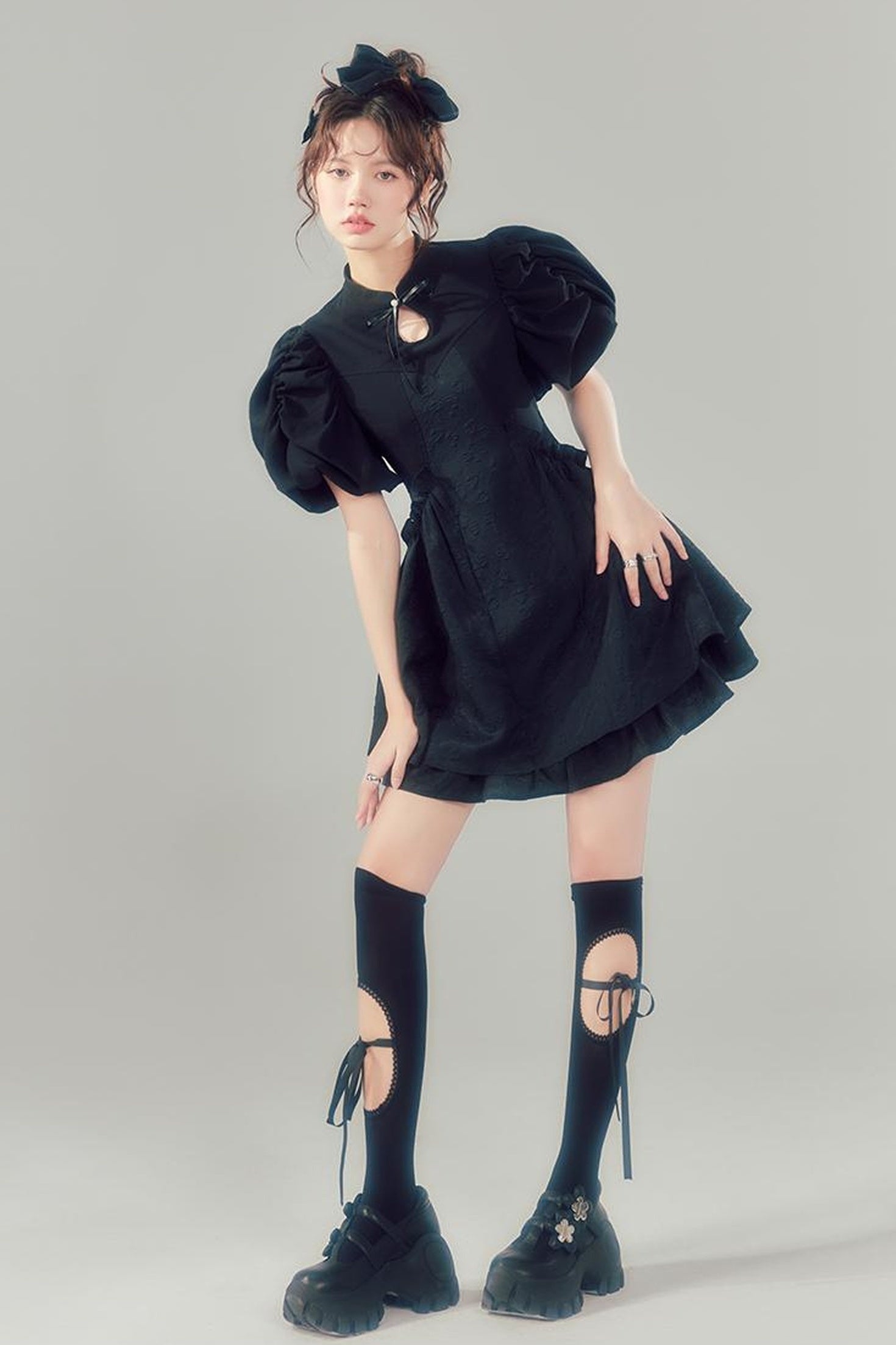 DIDDI MODA Elegant Qipao Bubble Sleeve Dress With Floral Jacquard And Ruffles