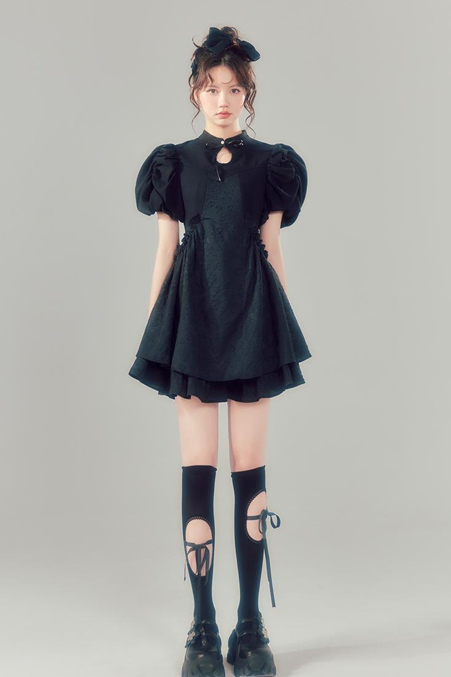 DIDDI MODA Elegant Qipao Bubble Sleeve Dress With Floral Jacquard And Ruffles