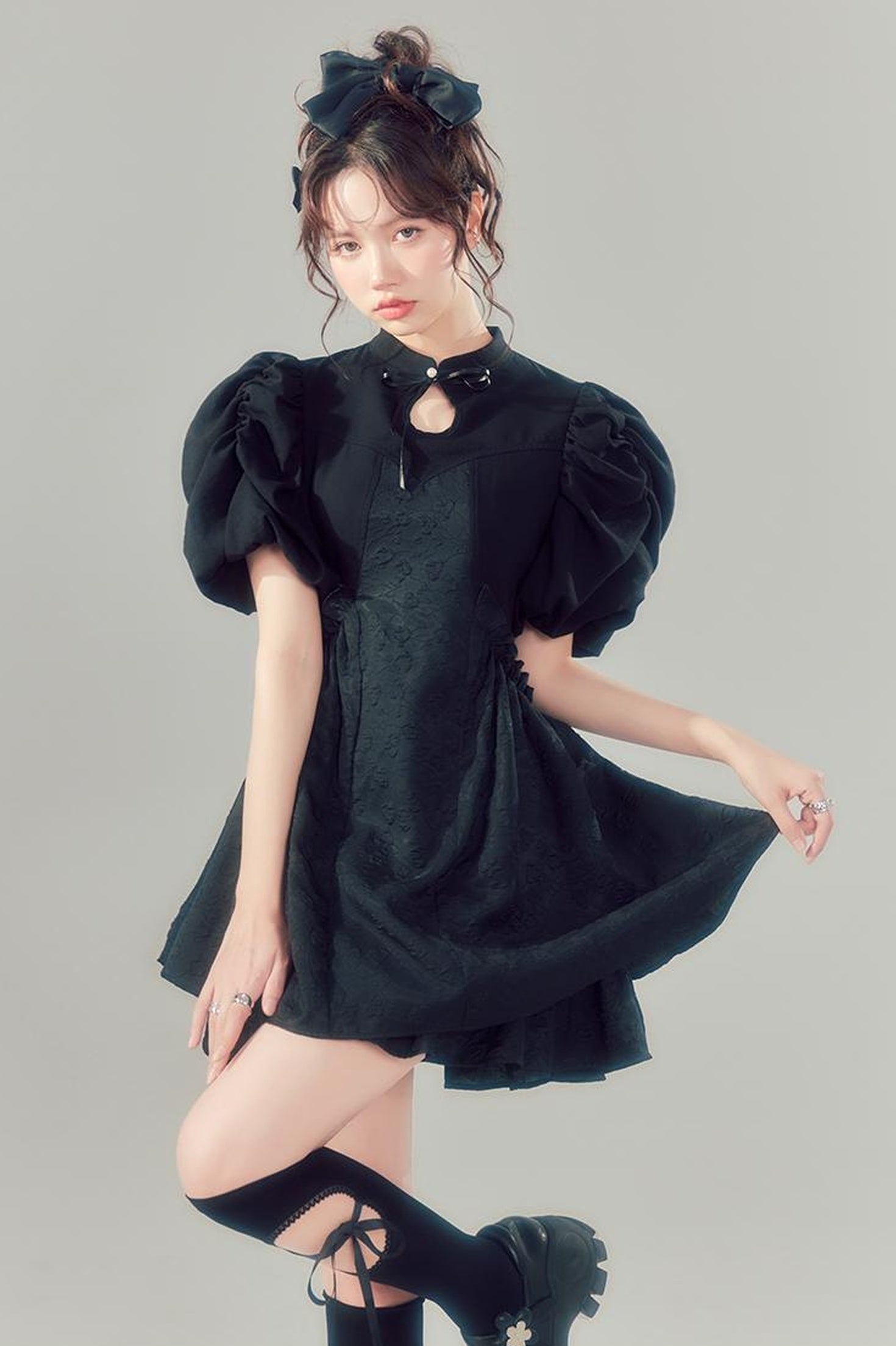 DIDDI MODA Elegant Qipao Bubble Sleeve Dress With Floral Jacquard And Ruffles