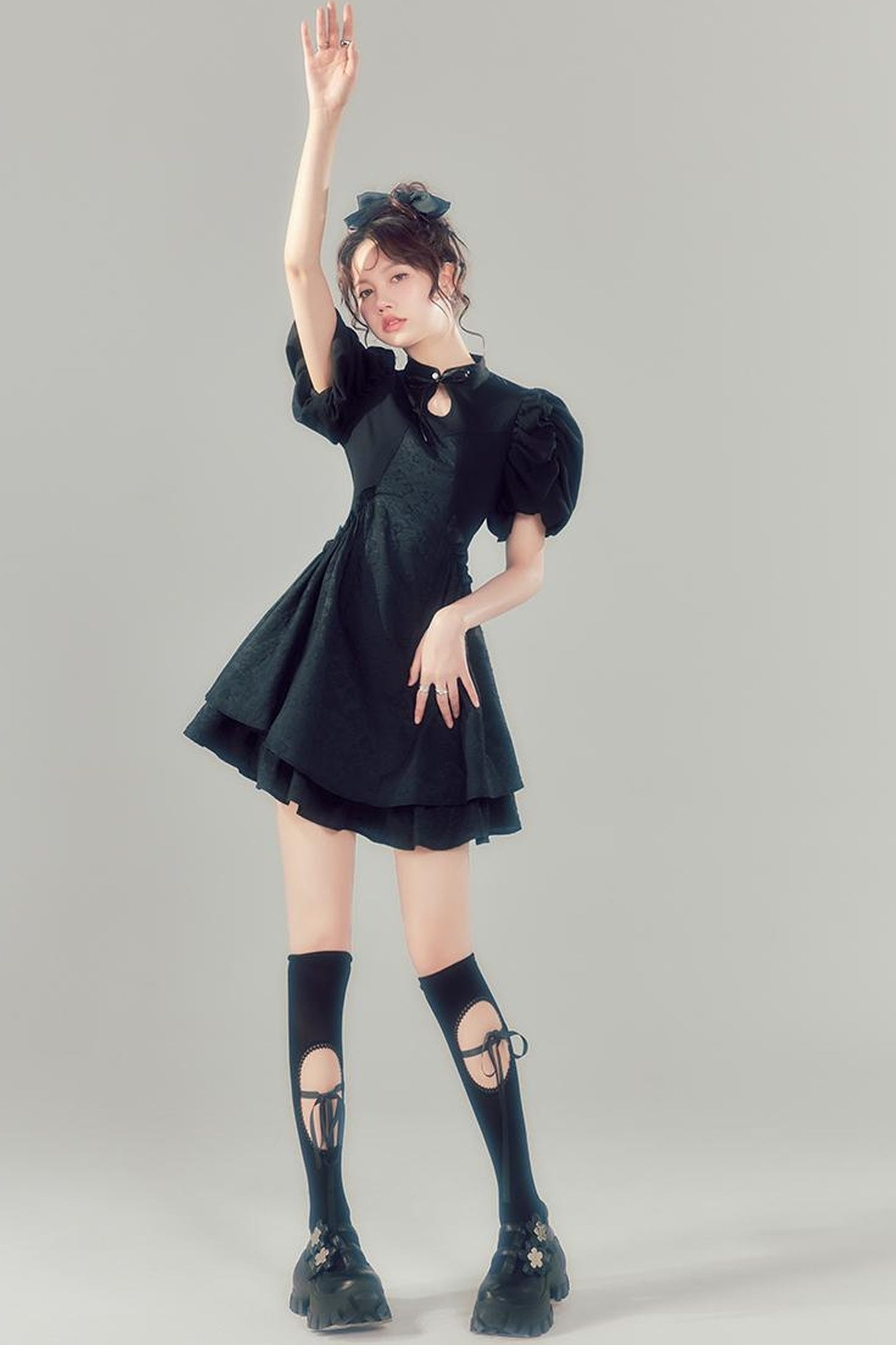 DIDDI MODA Elegant Qipao Bubble Sleeve Dress With Floral Jacquard And Ruffles