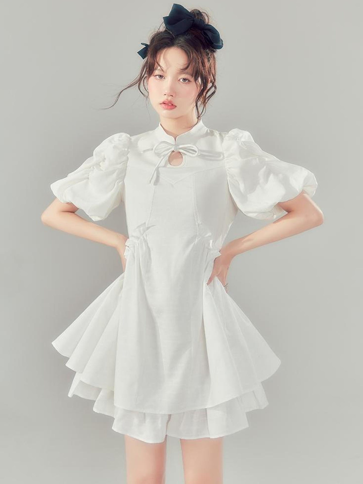 DIDDI MODA Elegant Qipao Bubble Sleeve Dress With Floral Jacquard And Ruffles