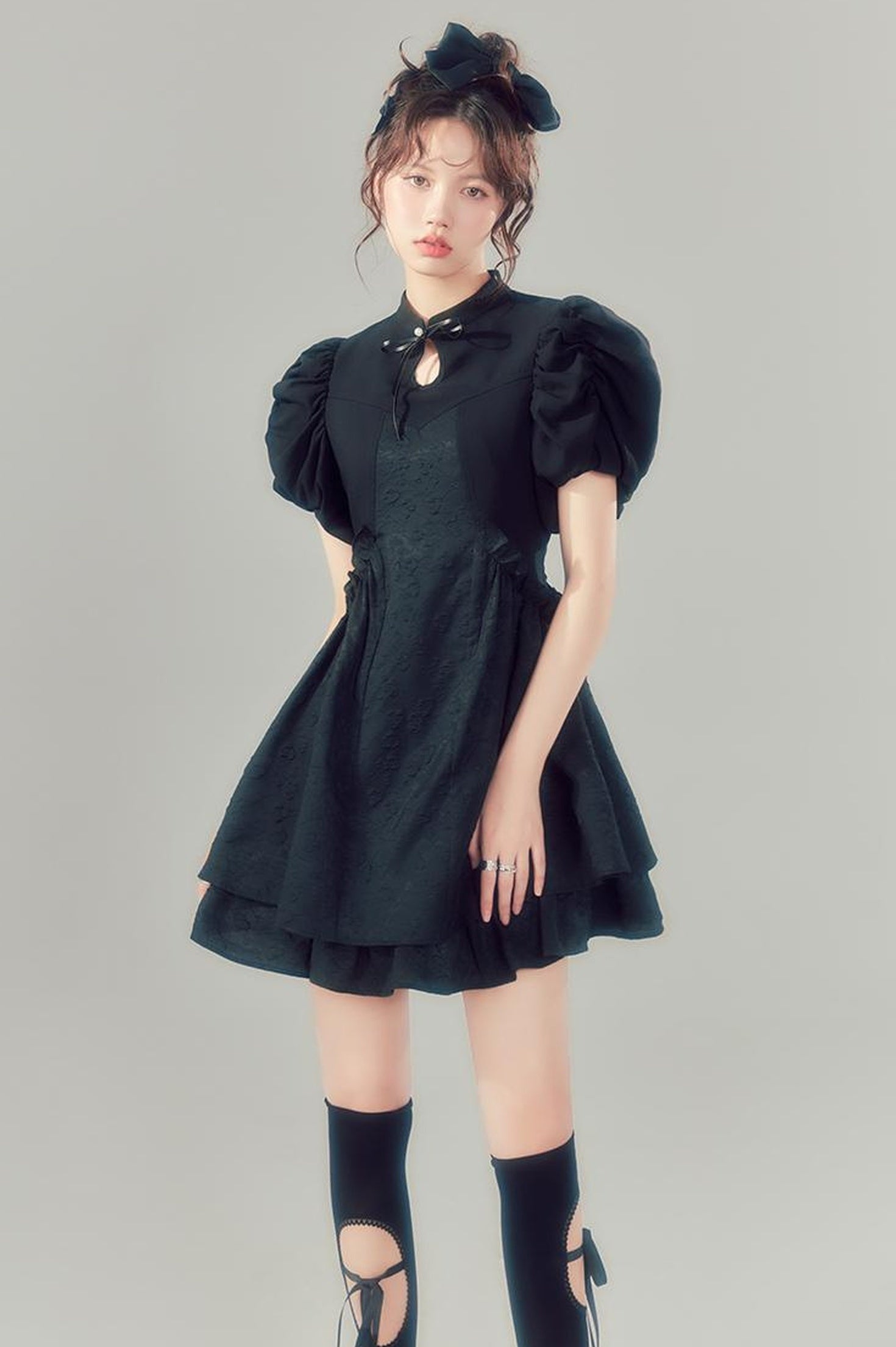 DIDDI MODA Elegant Qipao Bubble Sleeve Dress With Floral Jacquard And Ruffles