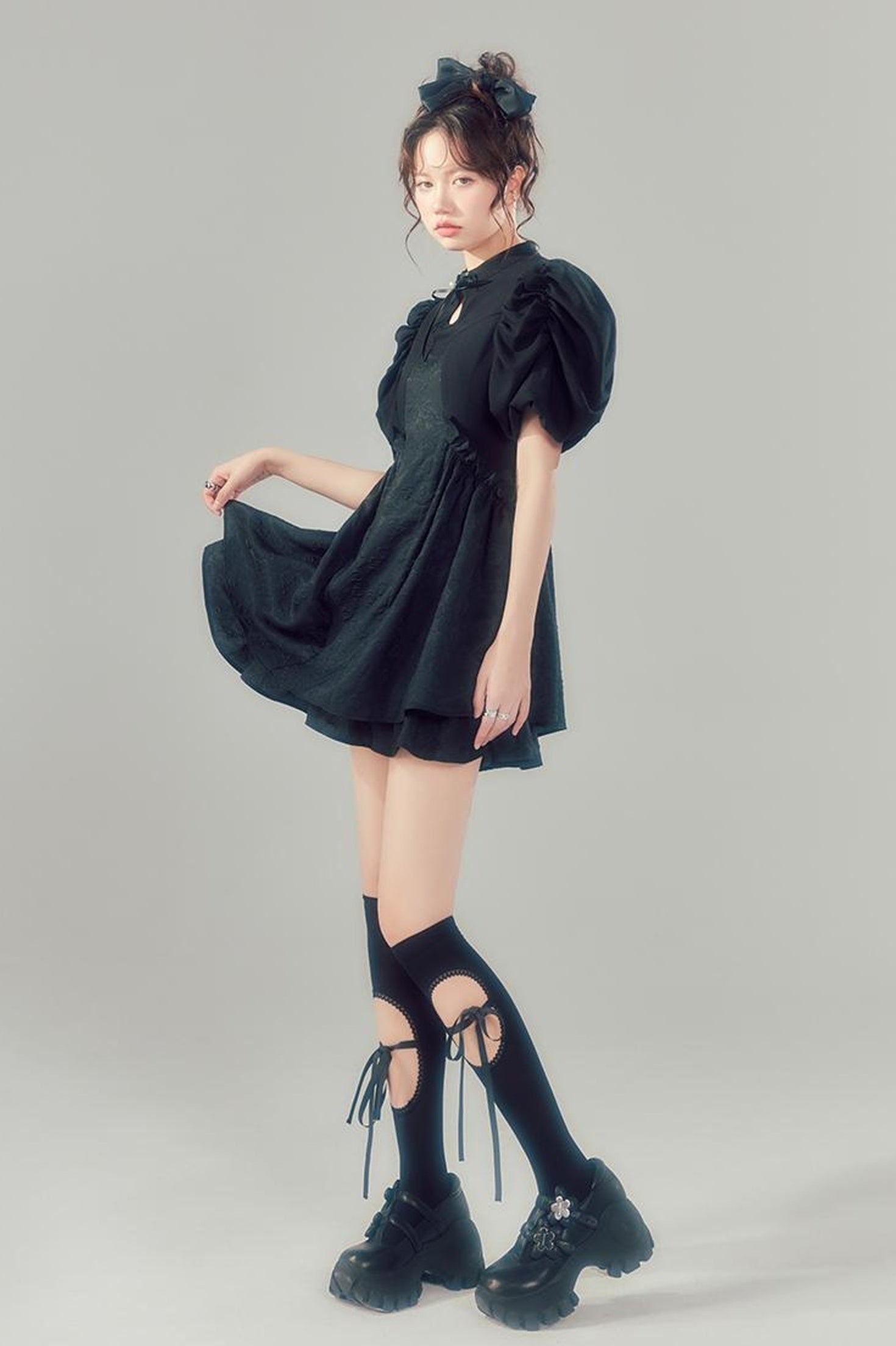 DIDDI MODA Elegant Qipao Bubble Sleeve Dress With Floral Jacquard And Ruffles