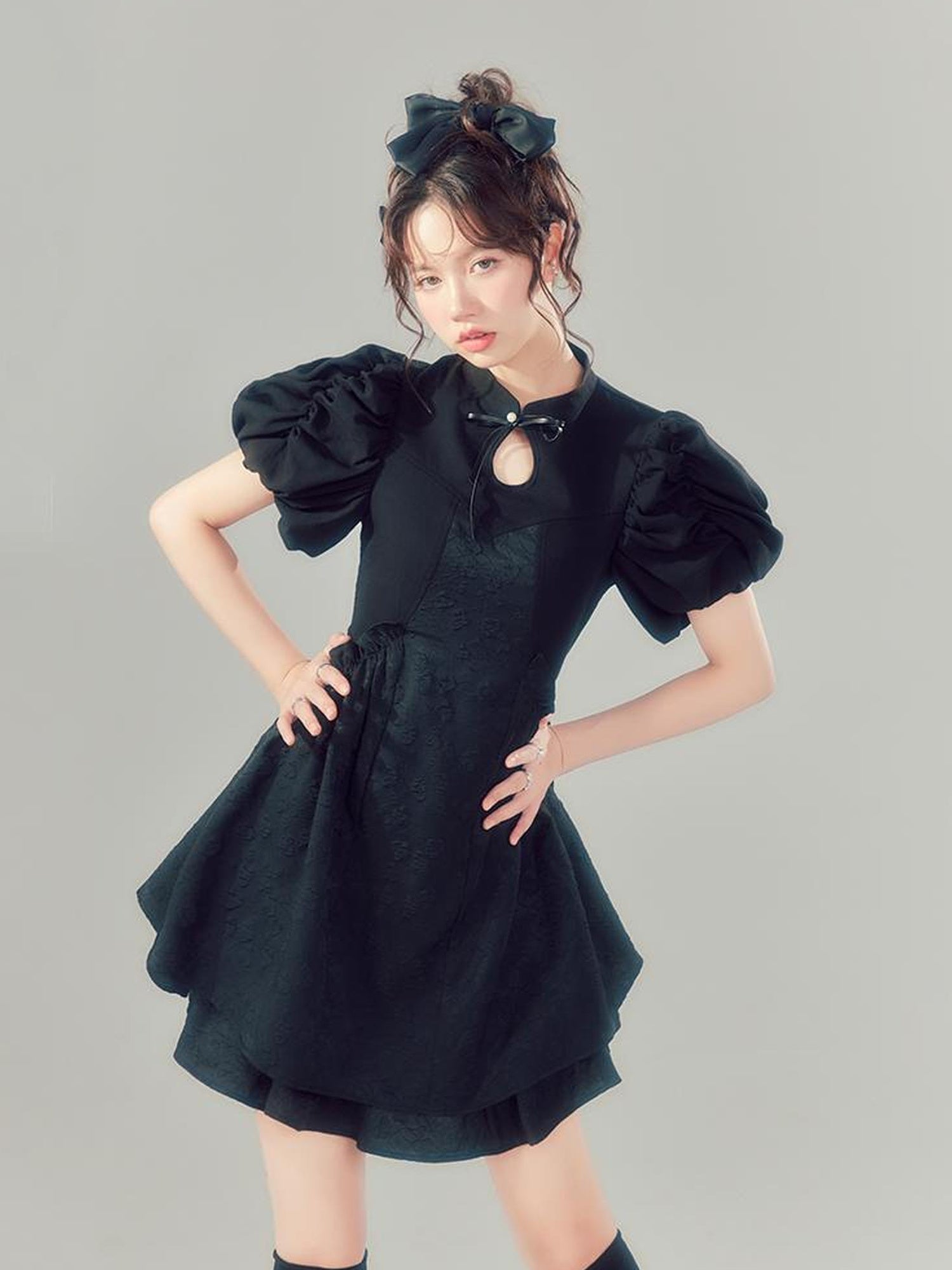 DIDDI MODA Elegant Qipao Bubble Sleeve Dress With Floral Jacquard And Ruffles