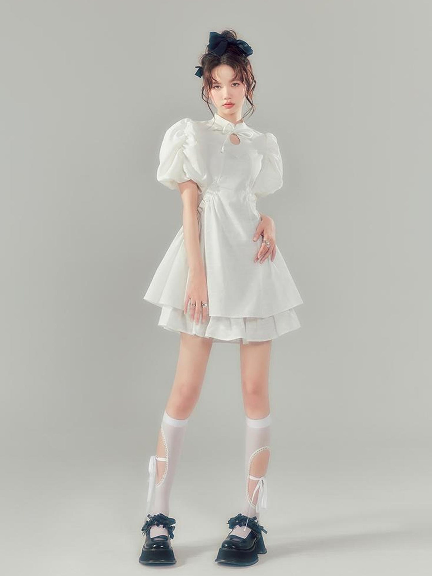 DIDDI MODA Elegant Qipao Bubble Sleeve Dress With Floral Jacquard And Ruffles