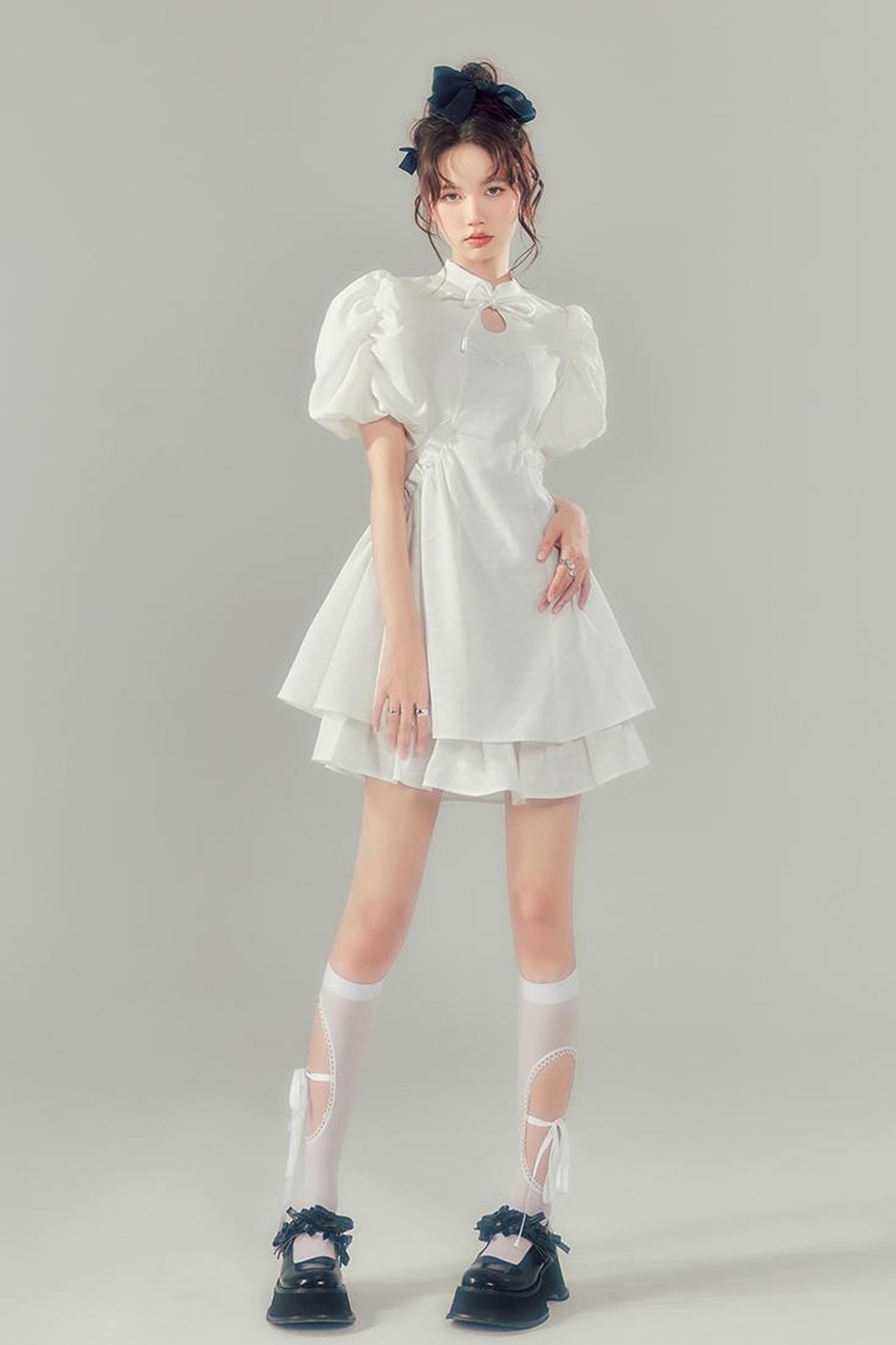 DIDDI MODA Elegant Qipao Bubble Sleeve Dress With Floral Jacquard And Ruffles