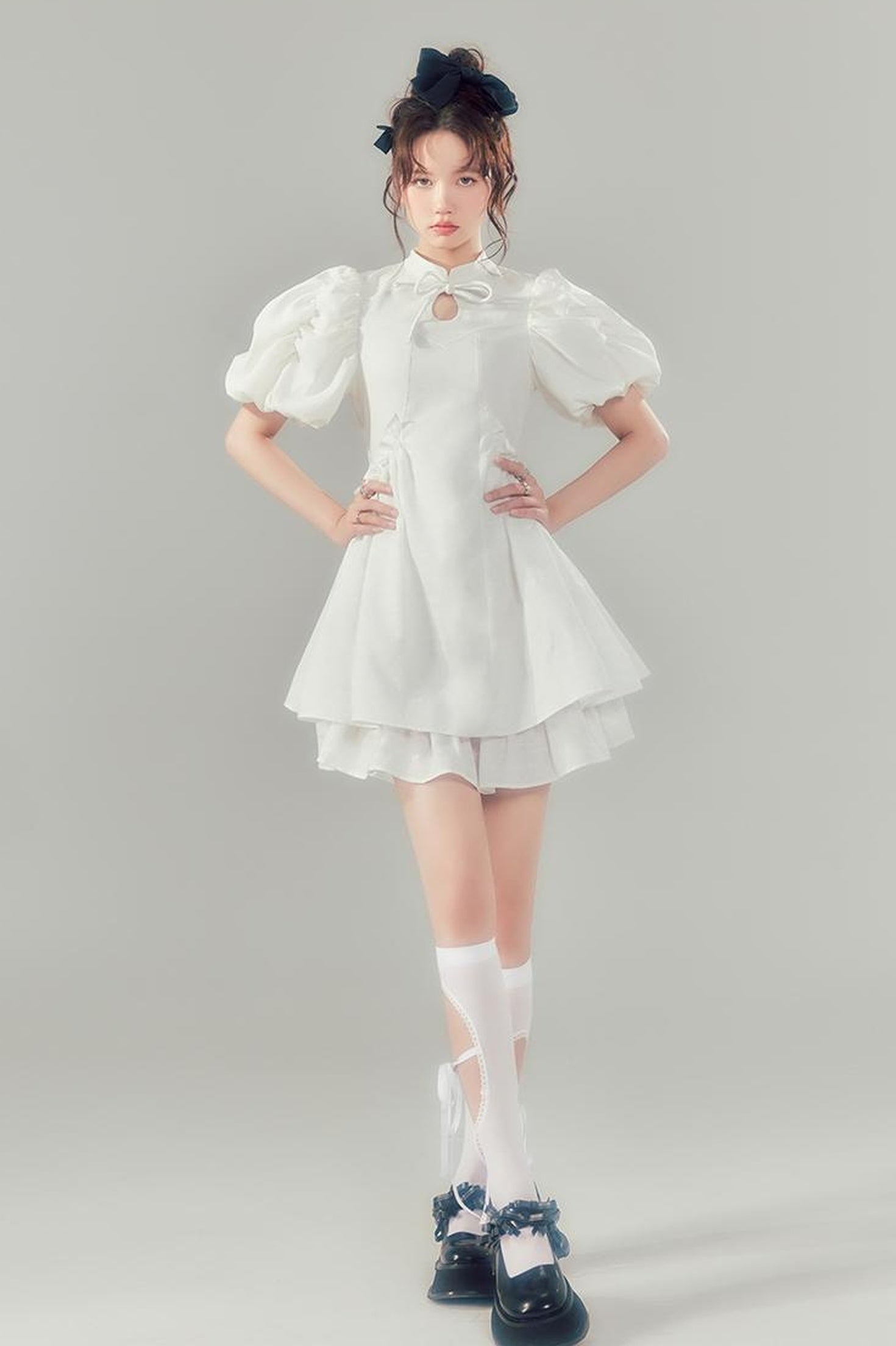 DIDDI MODA Elegant Qipao Bubble Sleeve Dress With Floral Jacquard And Ruffles