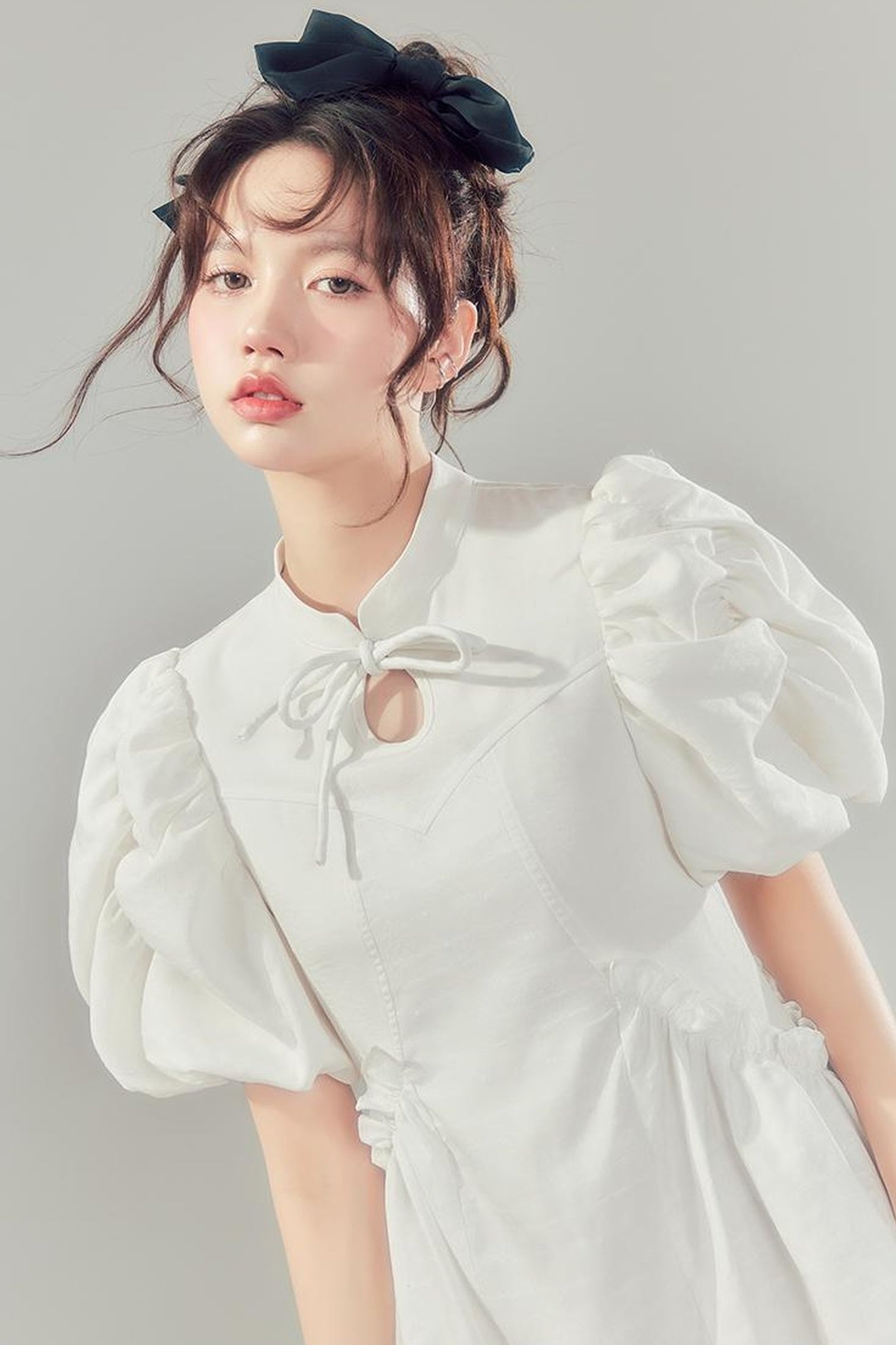 DIDDI MODA Elegant Qipao Bubble Sleeve Dress With Floral Jacquard And Ruffles